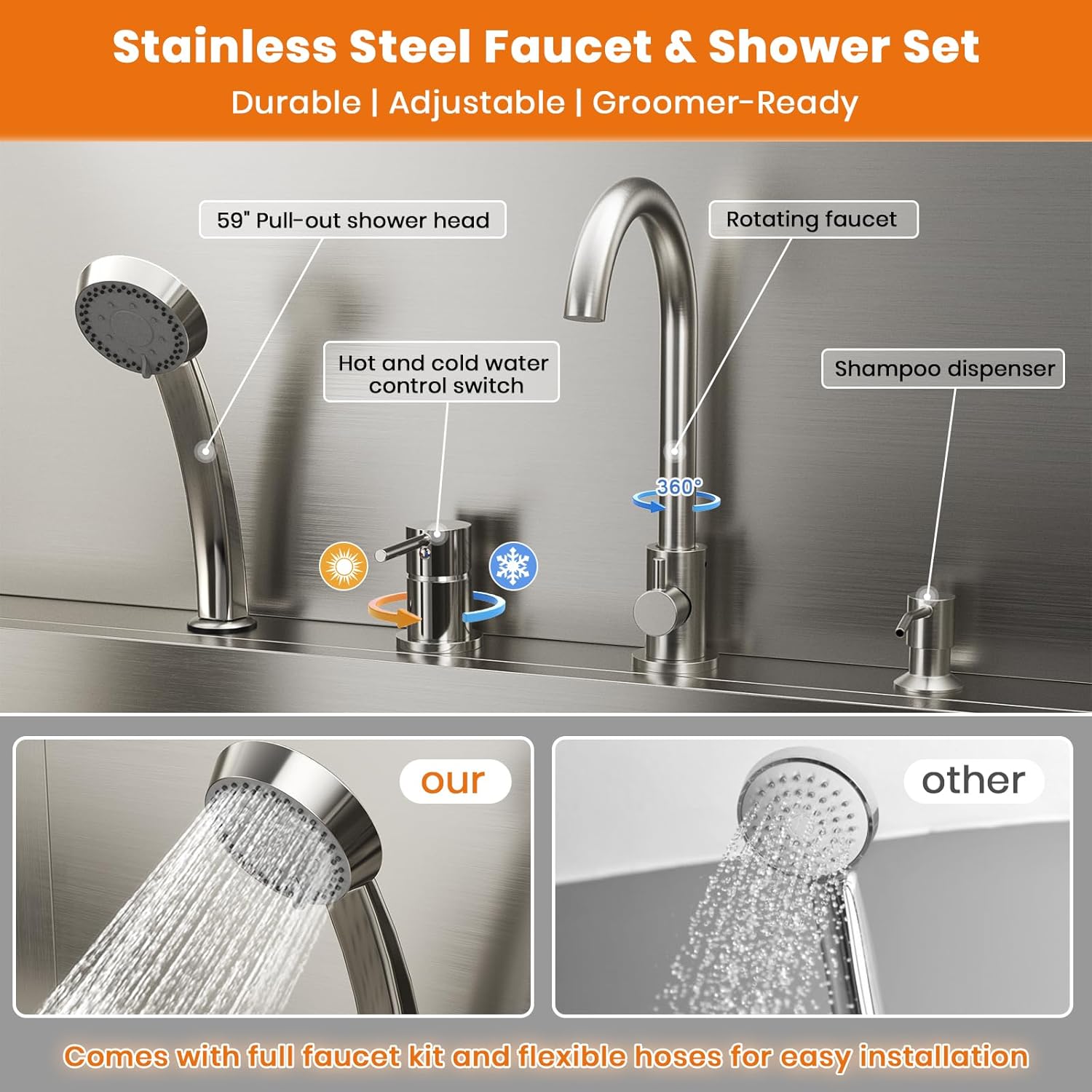 LOVMOR 50" Dog Washing Station, 304 Stainless Steel Pet Grooming Tub with Faucet, Sprayer, Adjustable Height Platform, Entry Step, Storage Shelf & Bin for Large Dogs