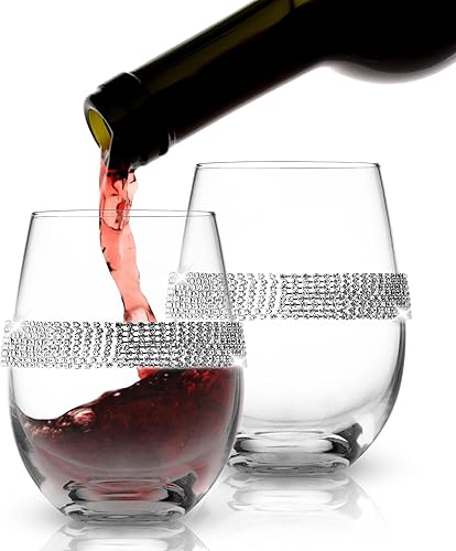 BERKWARE Juego de 6 copas de vino sin tallo de alta calidad, copas de vino de cristal con diseño de diamantes de imitación dorados, 16 onzas