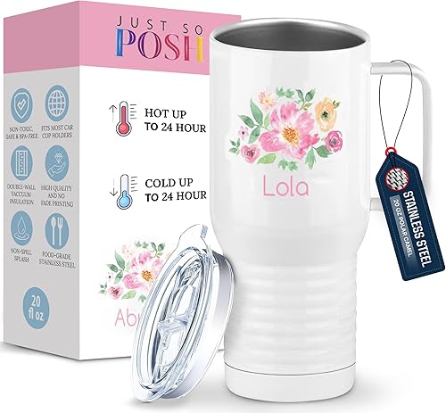 Just So Posh Lola Flowers - Vaso de café de viaje con asa y tapa deslizante, color blanco de 20 onzas, color camello polar, acero inoxidable,