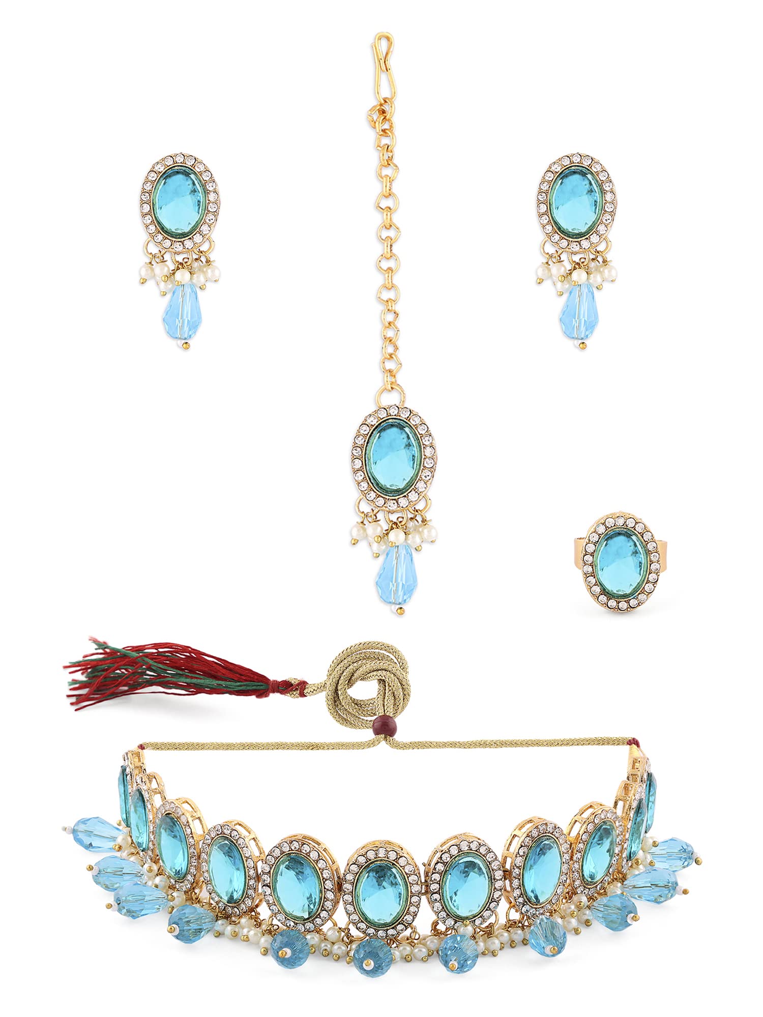 ZAVERI PEARLS Turquoise Stones Beads Kundan Necklace Earring Maangtikka & Ring Set For Women-ZPFK15451 (B0BTVSHW6J) Amazon Price History, Amazon Price Tracker