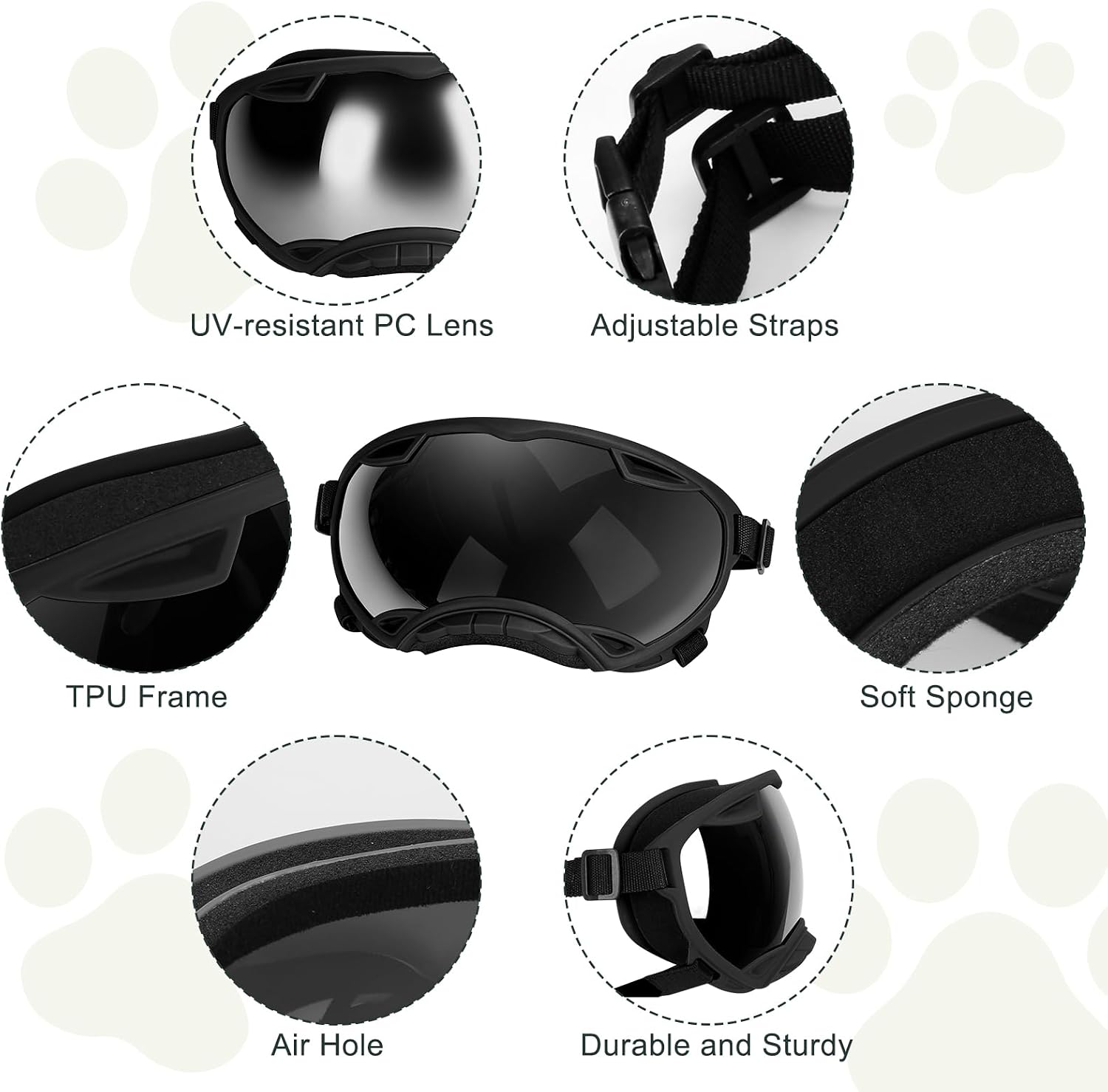 UV Protection Windproof Dog Goggles for Medium Large Dogs, Black | Pet Sunglasses with Adjustable Strap and Soft TPU Frame, Dog Eyewear with Silver Lens for Summer Driving and Winter Snow