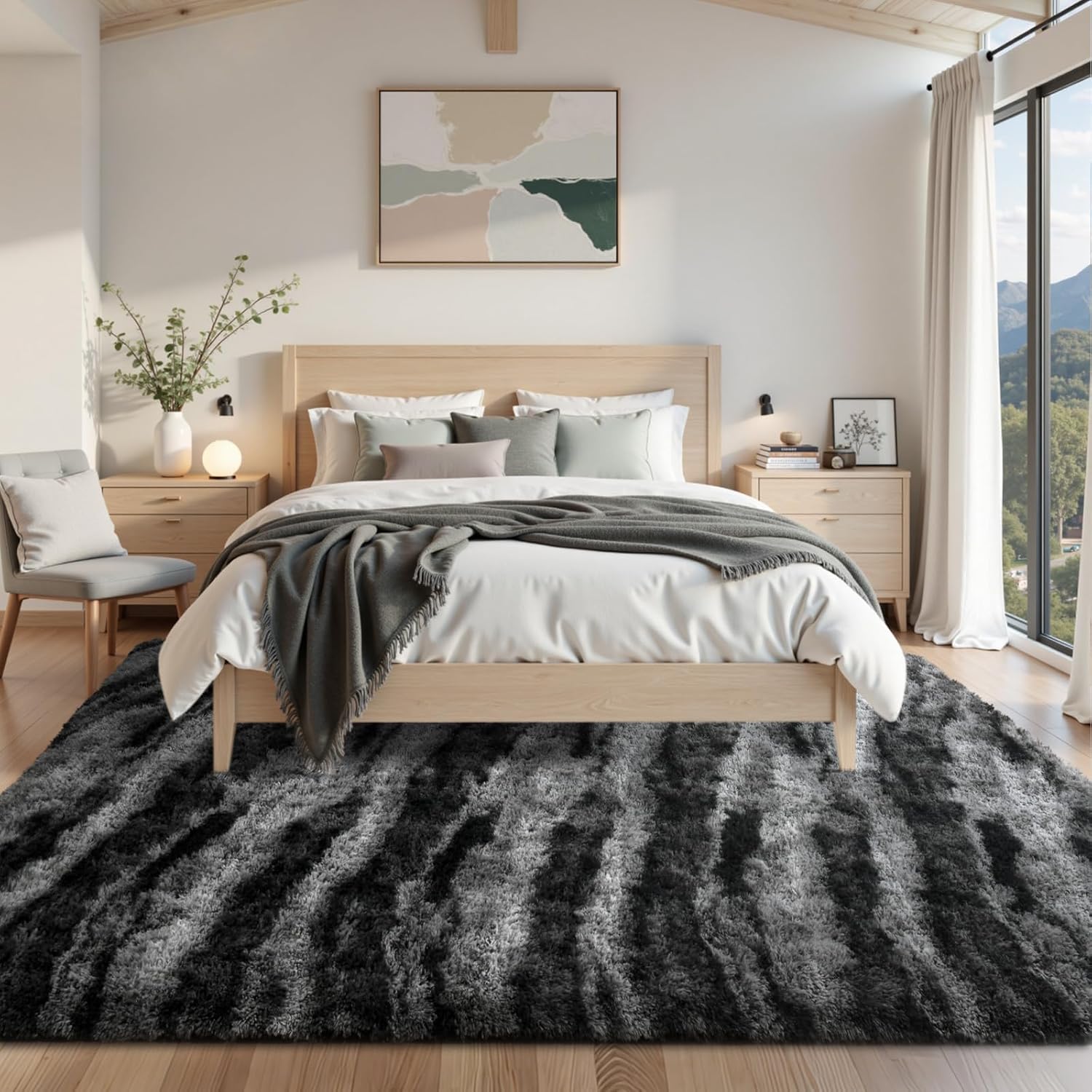 Area Rugs for Living Room 6x9 Feet, Soft Fluffy Shagg Plush Bedroom Rug Non-Slip,Large Carpet for Nursery Kids Dorm Home Decor Zebra Black