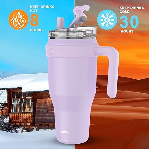 Miniatura 2 de Zukro Vaso de 40 onzas con asa y popote abatible y tapa 2 en 1, a prueba de fugas, doble pared aislada al vacío, taza de acero inoxidable aislada al