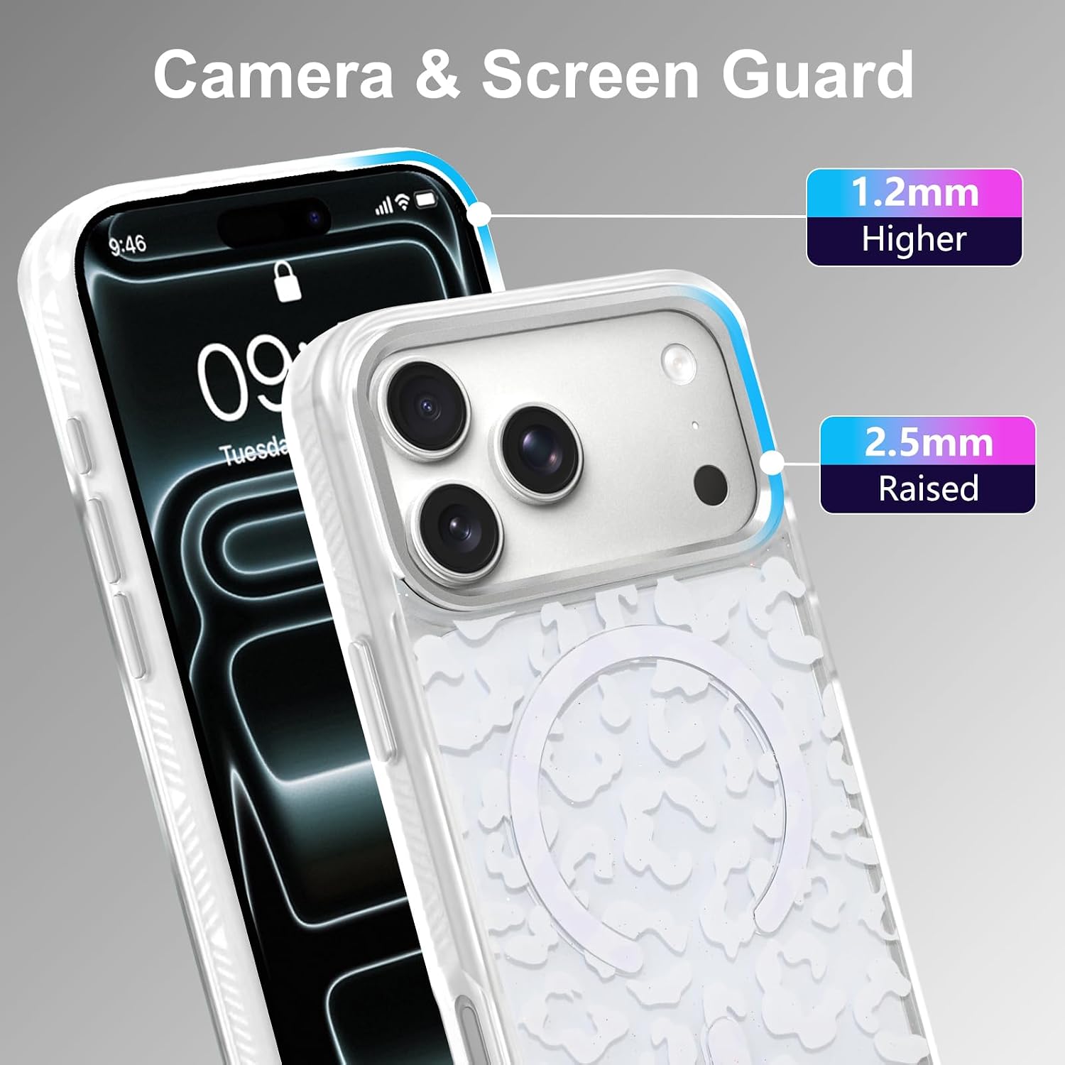 Magnetic for iPhone 17 Pro Case [Compatible with Magsafe] [Drop Protection] [Cute Cheetah Print] Shockproof Clear Glitter Hard PC Back Anti Scratch Protective Phone Cover, White