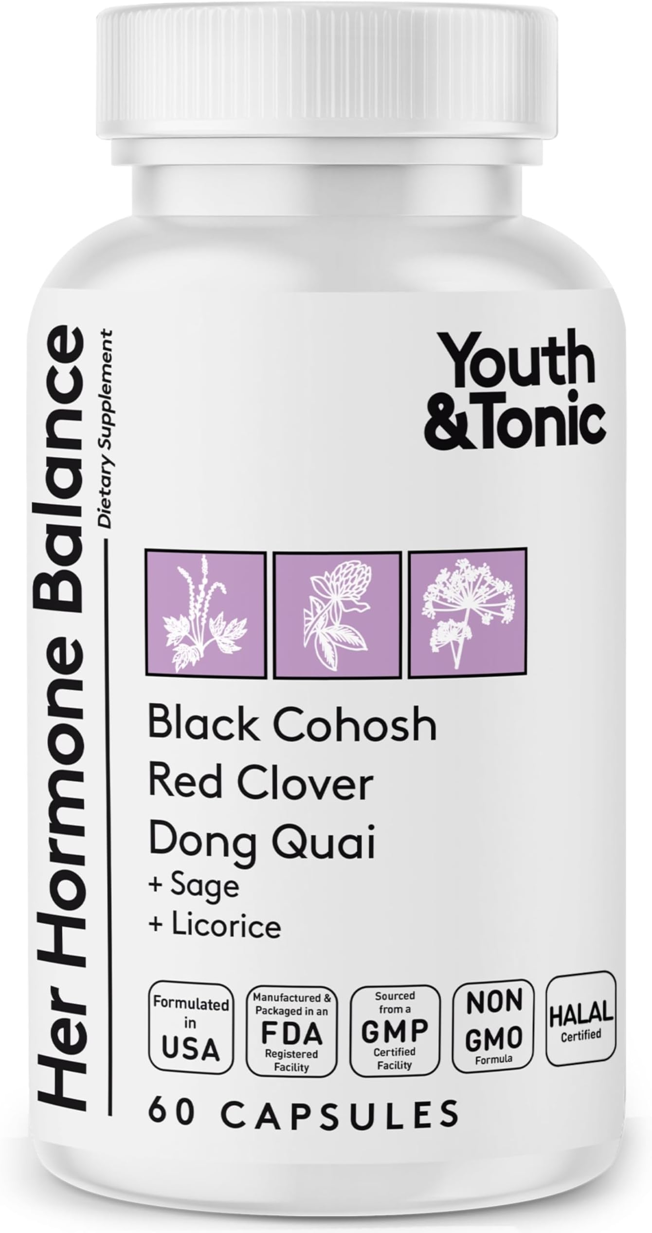Youth & Tonic Her Hormone Balance – Menopause Supplement for Women, Perimenopause Support, Non-Hormonal Herbal Formula with Black Cohosh for Hot Flashes & Night Sweats, 60 Capsules