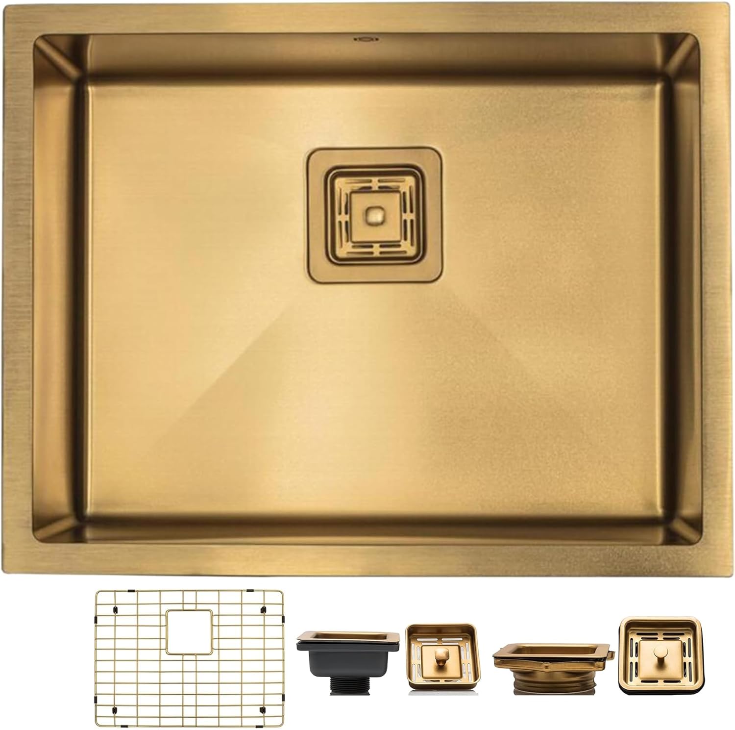 Strictly Sinks 23 Inch Undermount Kitchen Sink – Gold Single Bowl 16 Gauge Stainless Steel Bar Prep Kitchen Sink Stain Resistant – With 1 Square Disposal Adapter, 1 Strainer Drain & Bottom Grid