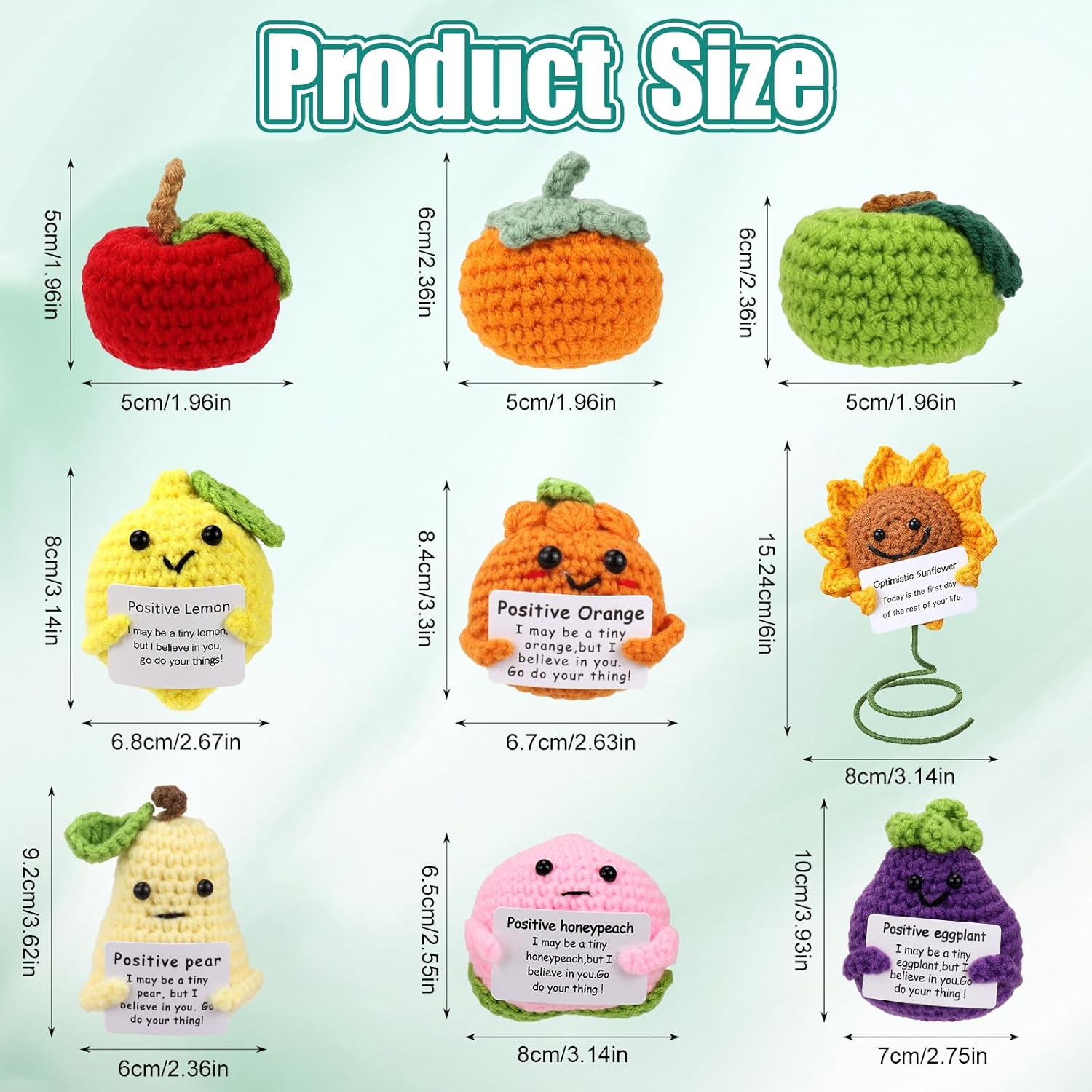 Malloom 18 Pcs Positive Fruit Sunflower Emotional Crochet Dolls Bulk Support Encouragement Emotional Knitted Crochet Gifts with Positive Words for Friends Coworker Decorations Home Office (Fruit)
