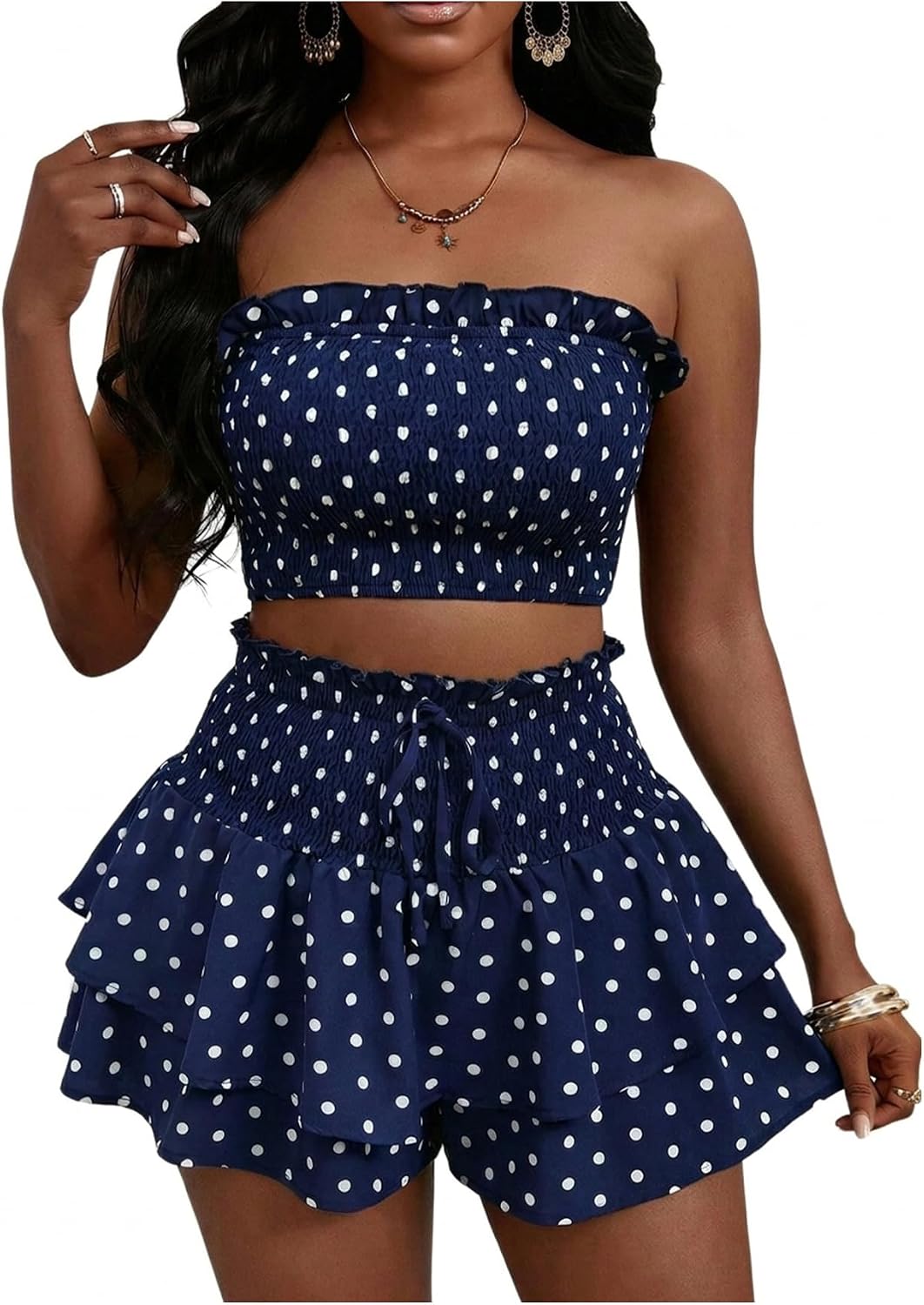 GORGLITTER Women's Polka Dots Skirt Set Smocked Strapless Tube Top Ruffle Layered Mini Skirt 2 Piece Set for Going Out Summer