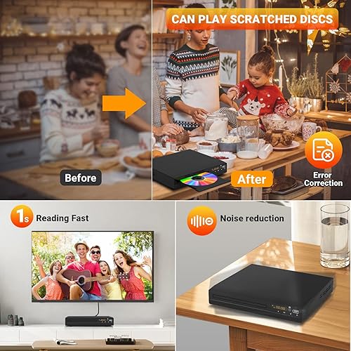 Vista 5 de Reproductor de DVD, reproductor de DVD gratuito de región HDMI para Smart TV, mejora de 1080P, entrada USB, cable de salida HDMI/RCA incluido