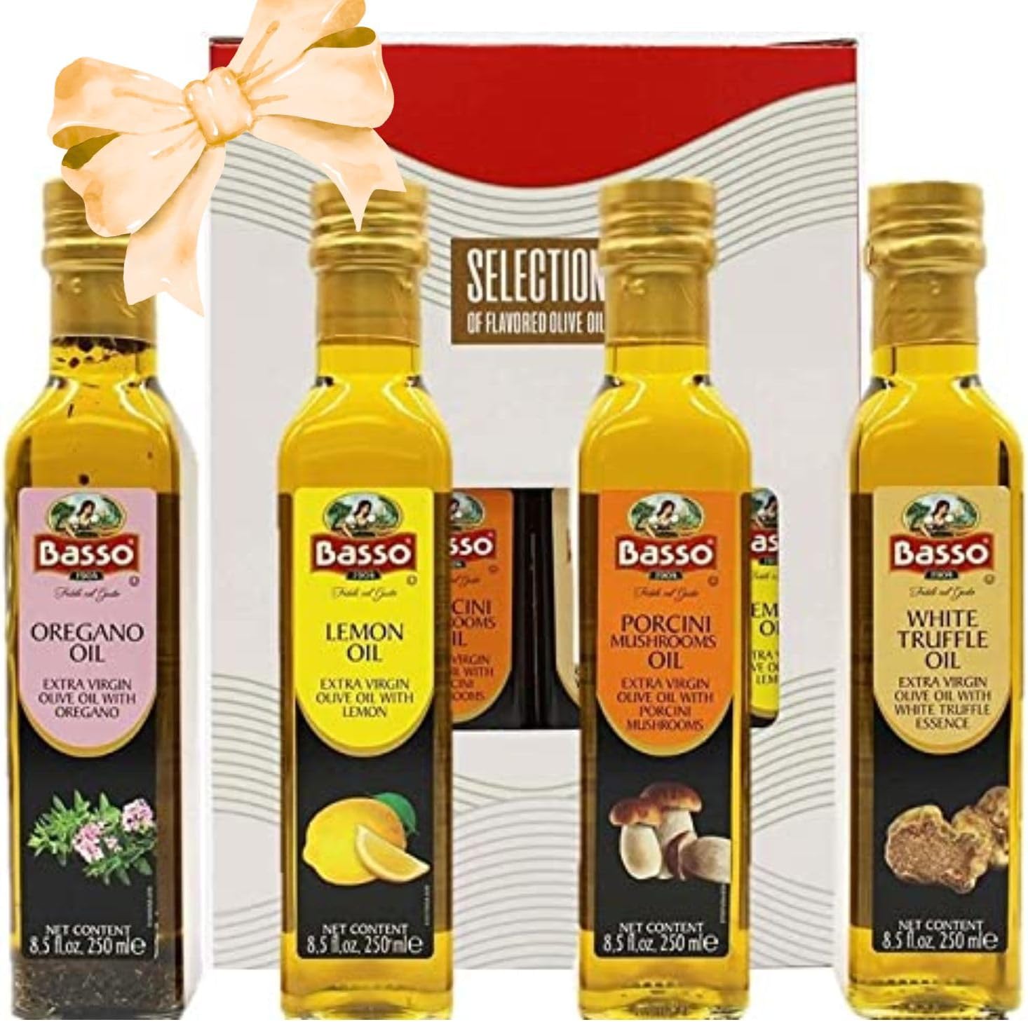 BASSO 1904 - Infused Olive Oil Gift Box Set, White Truffle, Lemon, Porcini, Oregano Extra Virgin Olive Oil, 4 bottles x 8.5 fl.oz (250ml)