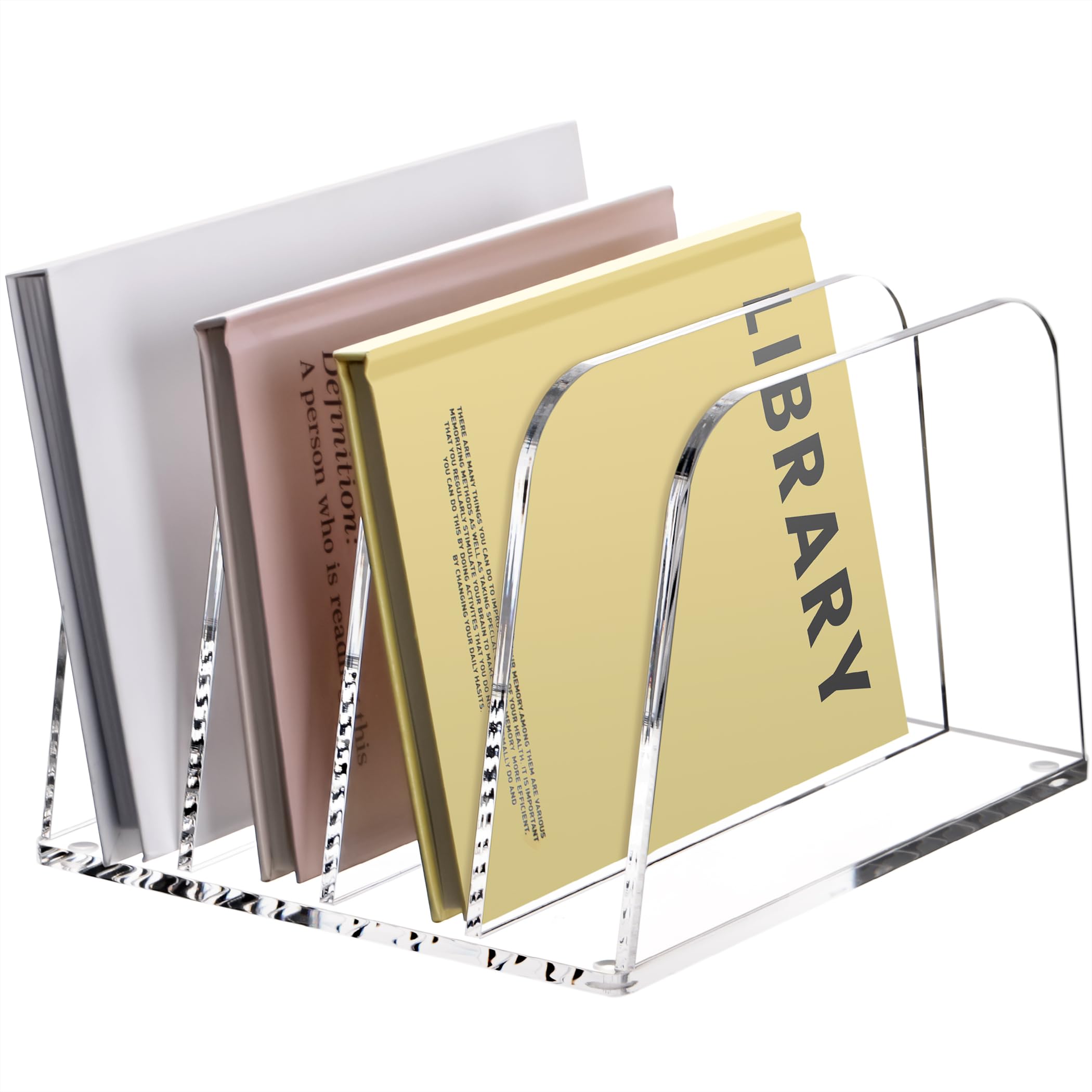 SANRUI Premium Acryl Briefständer & Schreibtisch Organizer (4 Fächer) – Vertikale Ablage für Post, Notizbücher (B5/A5) & Tablets, Transparenter Sortierer mit Silikonfüßen für Home-Office & Kosmetik