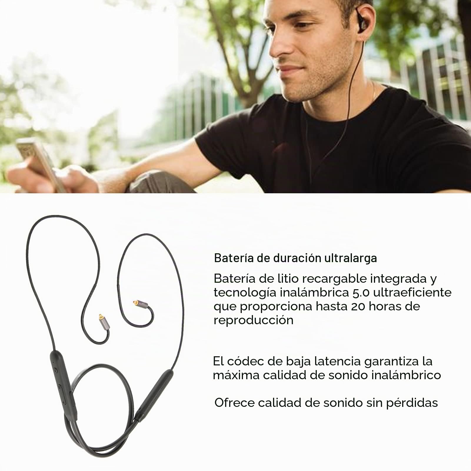 Cable Adaptador de Auriculares Bluetooth 5,0, Cable MMCX de Auriculares Inalámbricos con Micrófono y Controlador para Sennheiser IE300 IE600 IE900