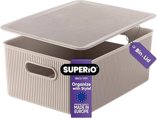 Superio Ribbed Collection - Canastas organizadoras decorativas de plástico con tapa para el hogar, color gris pardo grande (paquete de 1 unidad, 15
