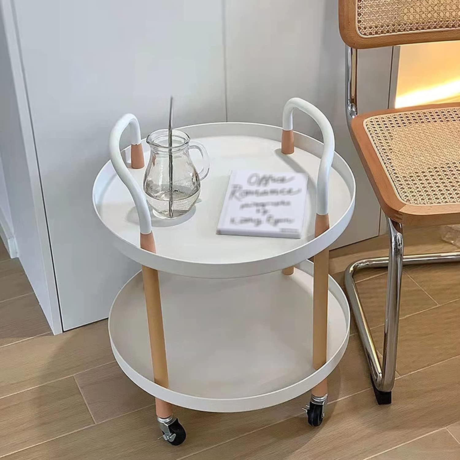 Mesa de centro rodante de 2 niveles con carrito de cocina redondo Sto para uso lateral del sofá, decoración portátil de comedor, moderna mesa auxiliar pequeña, multifuncional, para sala de estar