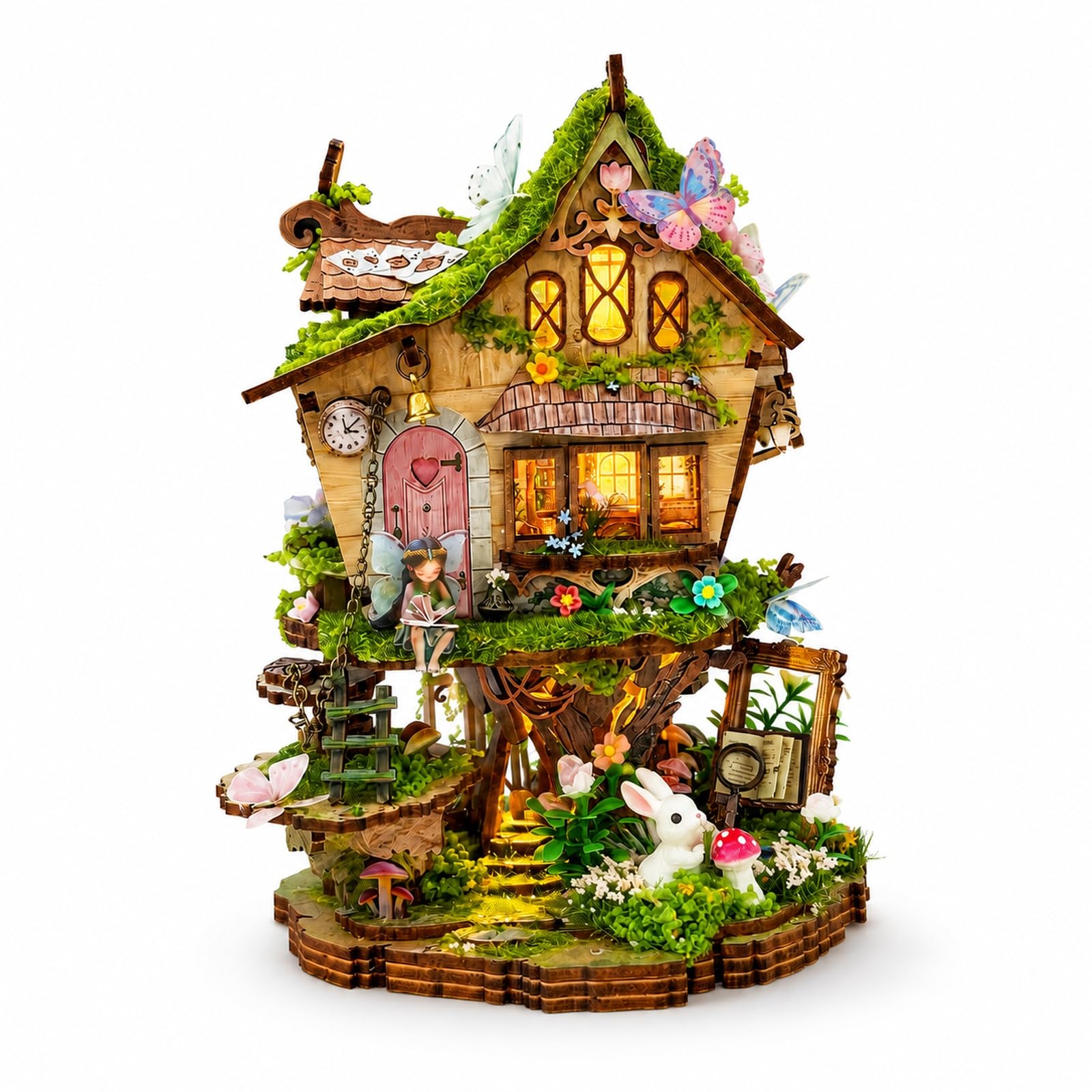 GOOGO Book Nook Kit, Miniature House Kit with LED Light, DIY Book Nook for Adults, 3D Puzzle Bookend for Bookshelf Decoration, Creative Gift for Crafts Lovers (Green Treehouse)