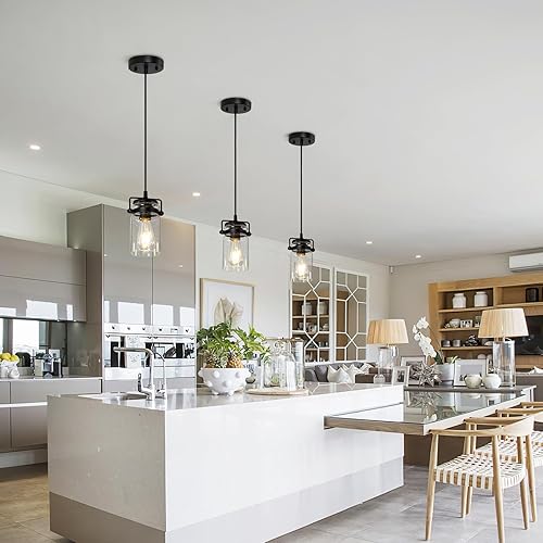 Miniatura 2 de Lámparas colgantes industriales, luces colgantes colgantes con pantalla de vidrio sembrado, paquete de 3 lámparas de techo negras ajustables para