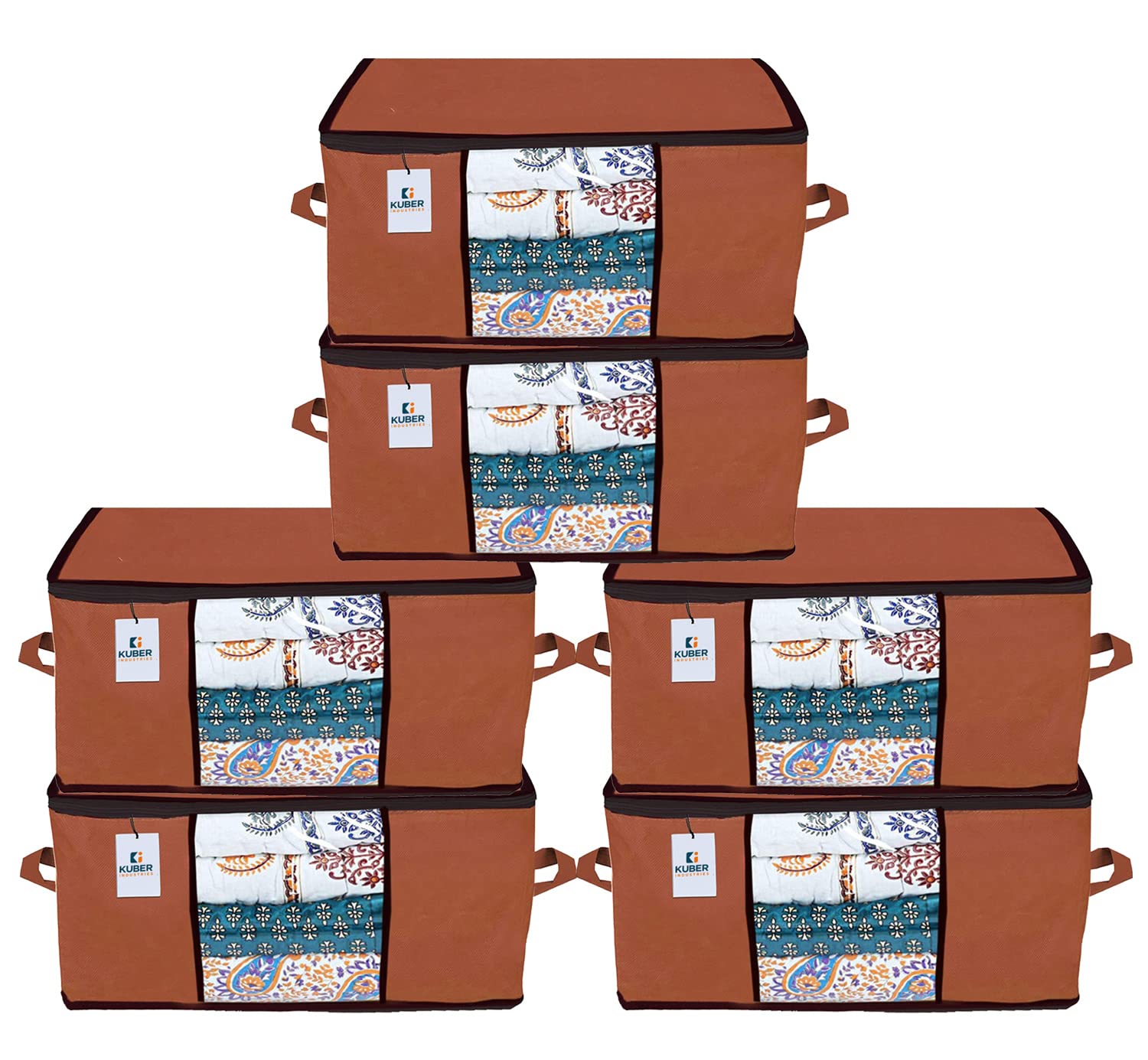 Kuber Industries Underbed Storage Bag|Organizer For Clothes Large|Non-Woven Comforter, Blanket Cover|Transparent Window & Premium Zipper|Side Handles|Pack of 6 (Brown)