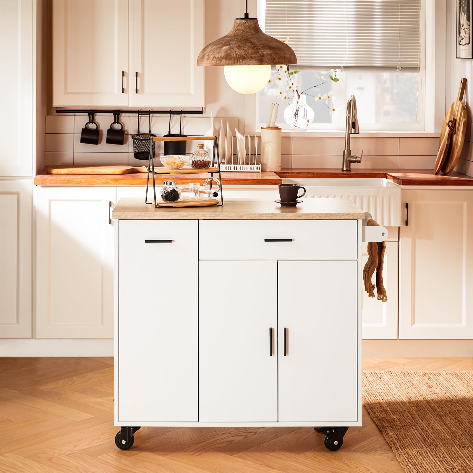 SoBuy Design küchenwagen mit Rollen Kücheninsel mit Arbeitsplatte und Gewürzregal Rollwagen Sideboard auf Rollen Küchentrolley Für Küche, Wohnzimmer, Esszimmer Weiß BHT ca. 105x92x46cm FKW126-WN