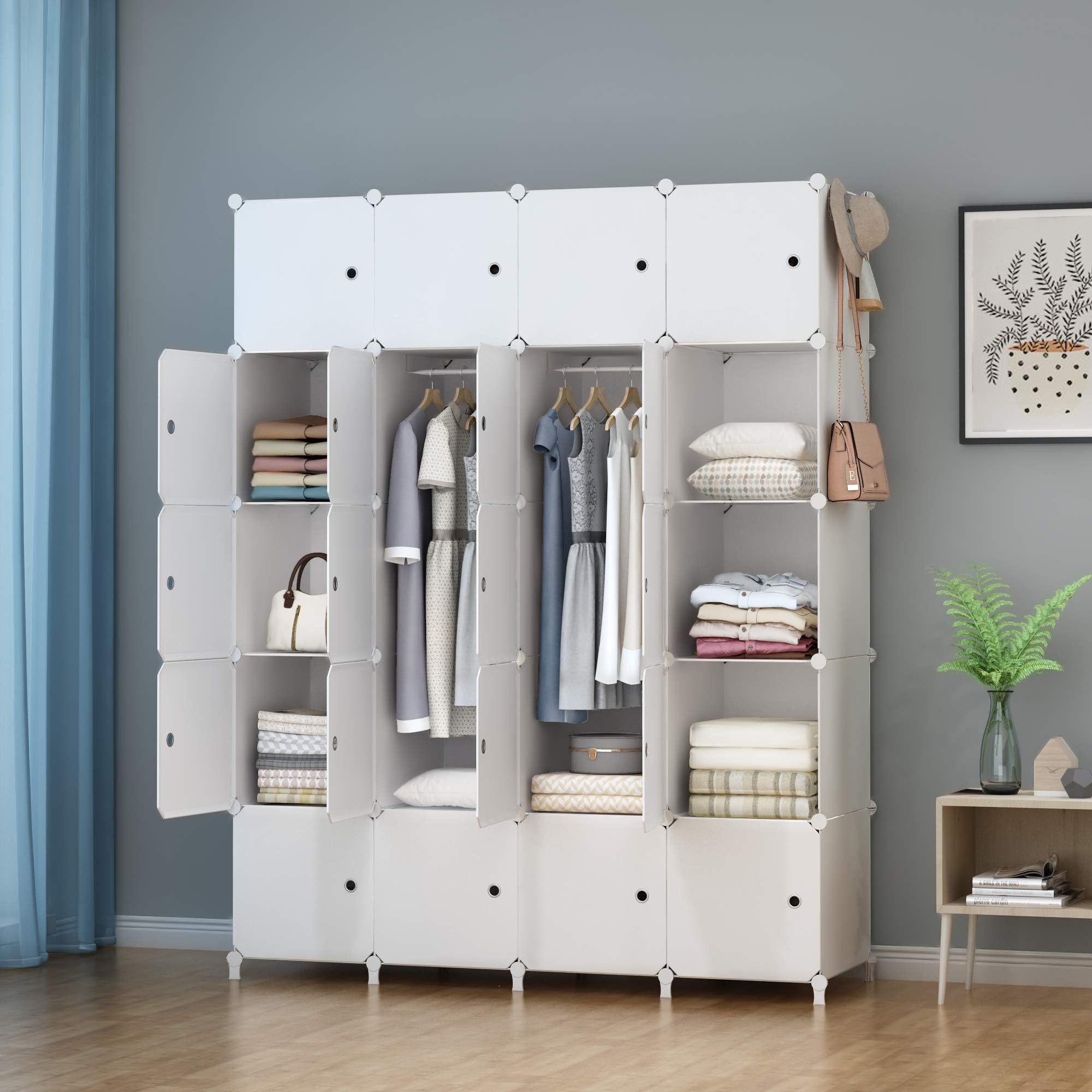 HOMIDEC Portable Wardrobe 20 Cube Closet with 3 Clothes Hanging Rails, 14"x18" Deeper Cube Combination Armoire Space Saving Modular Cabinet Storage Organizer for Bedroom Clothes Shoes Toys, White