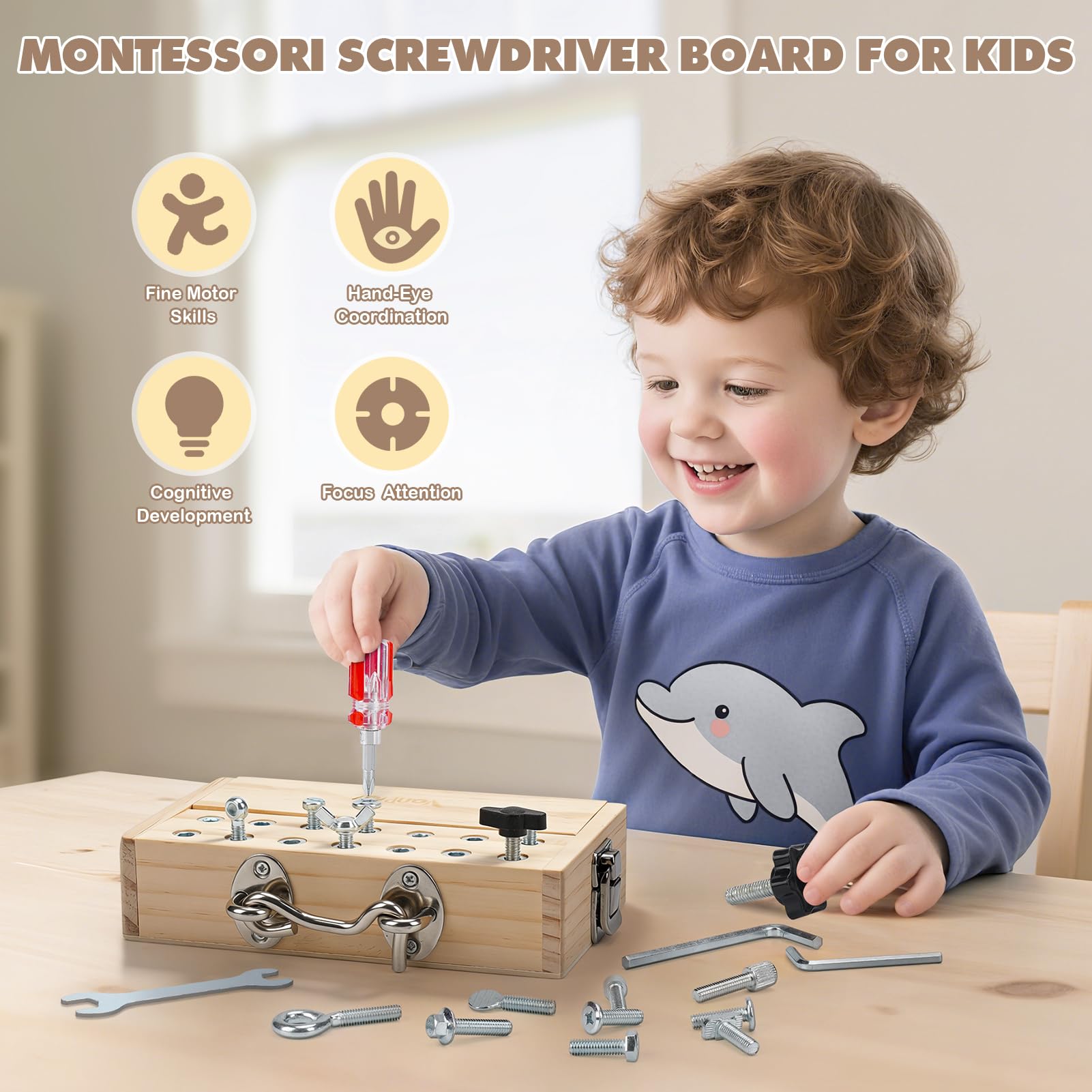 Vanplay Giochi Montessori 3 Anni, Attrezzi Giocattolo Bambini Giochi in Legno per Bambini, Cacciavite Giocattoli da Viaggio con Serratura e Chiave Giocattoli Educativi 3 4 5 6 Anni