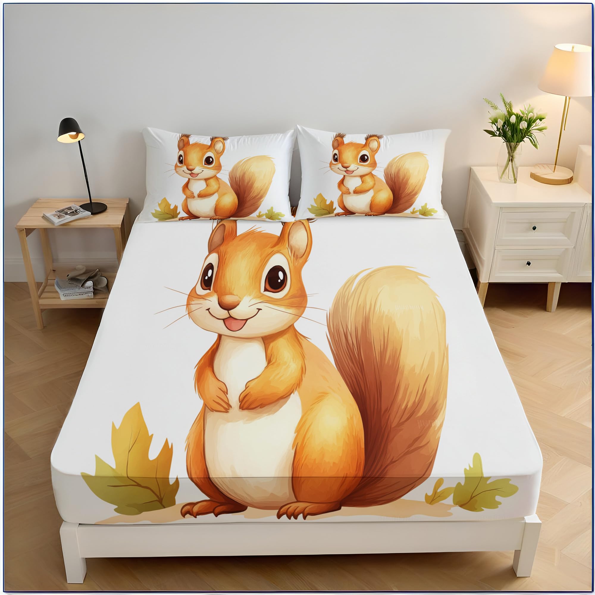 Drap housse 200x200cm écureuil avec 2 taies d'oreillers pour grand lit enfant et adulte