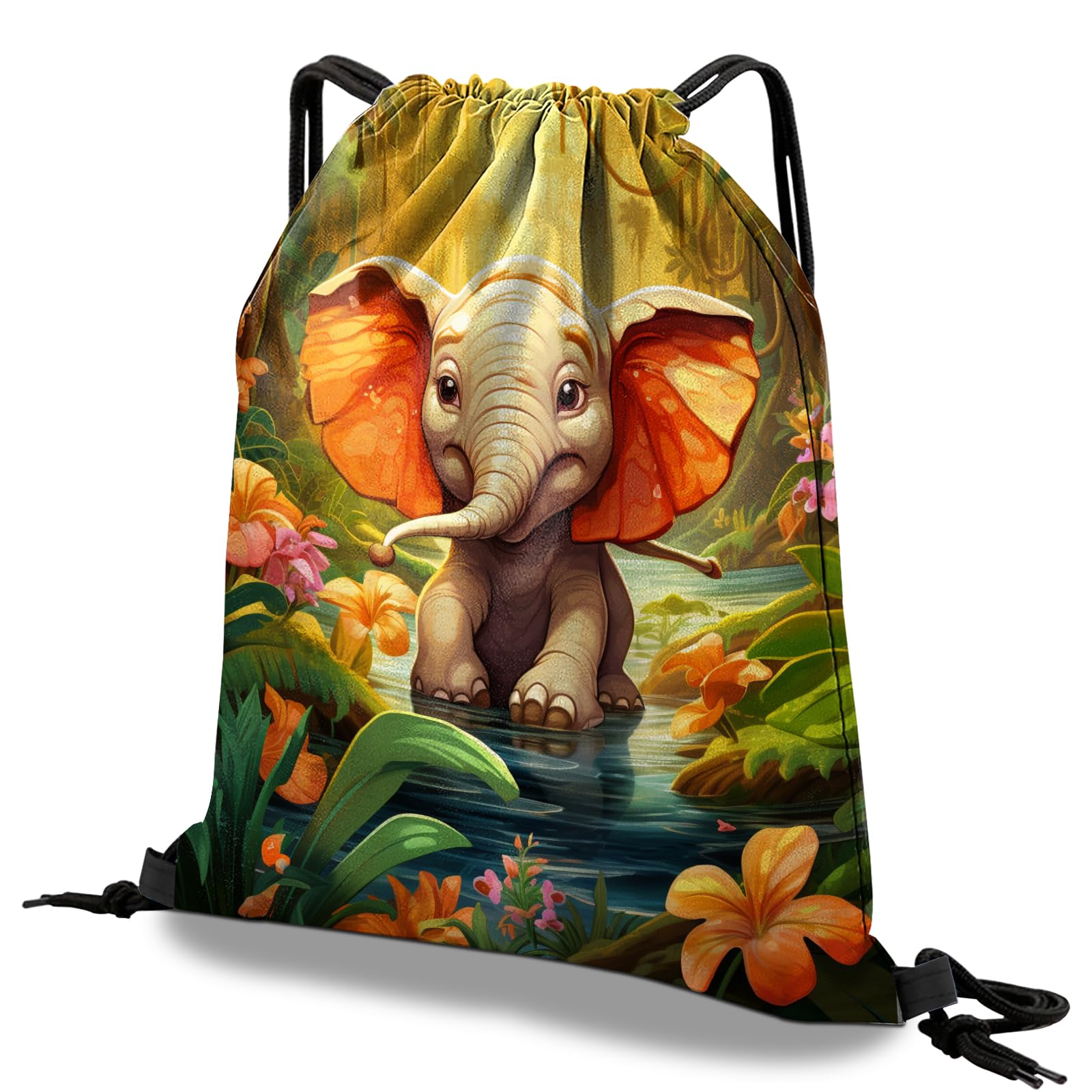 Deokke Drawstring Backpack Draw String Bag Waterproof for Sports Gym Beach Travel Cute Aesthetic Sackpack Men Women (13"×17")-Elephant