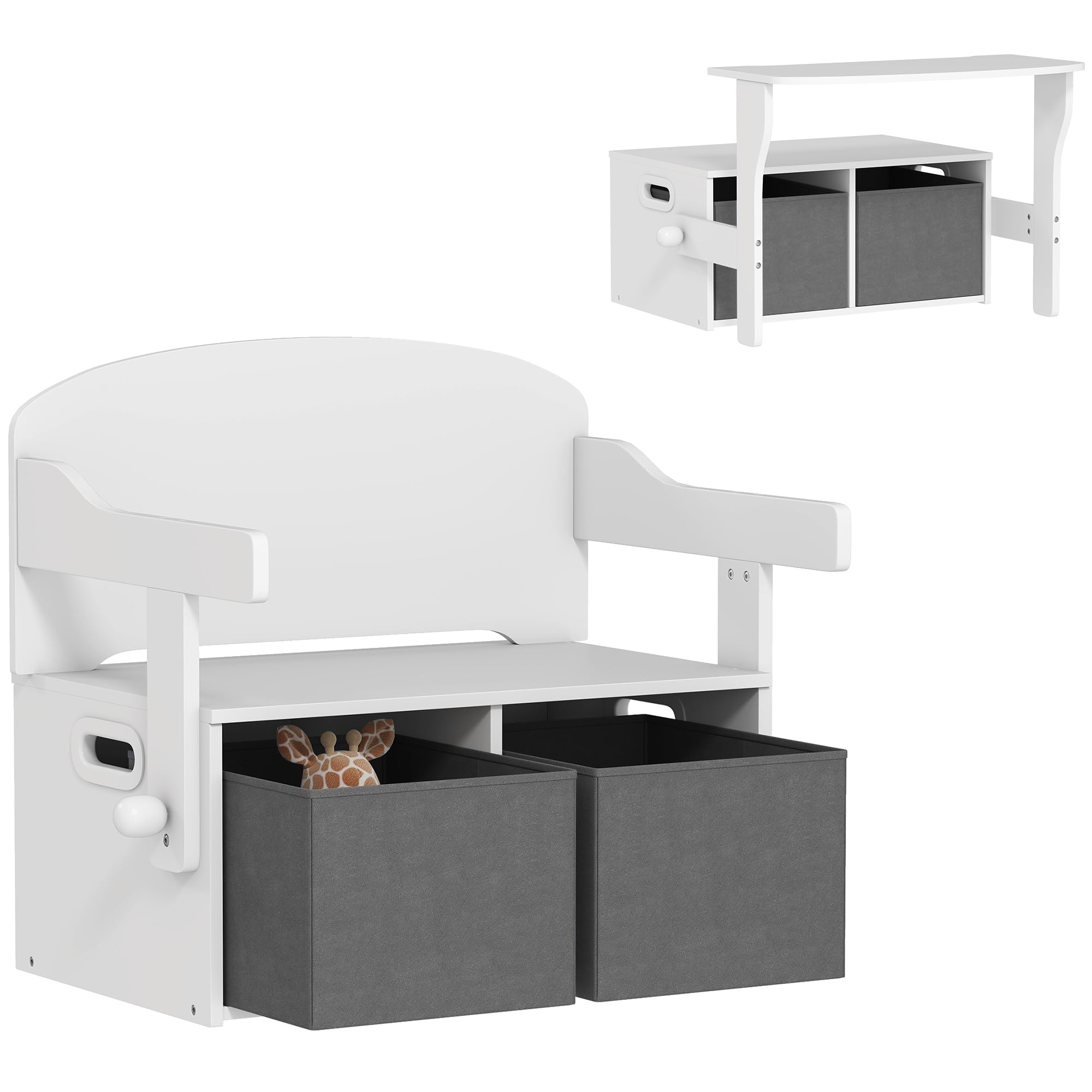 AIYAPLAY Banco Infantil Convertible 3 en 1 Baúl con Mesa 3-6 Años Blanco | Juego de Mesa y Silla, Cubos de Tela Extraíbles, Banco de Almacenaje, Mueble Multifuncional