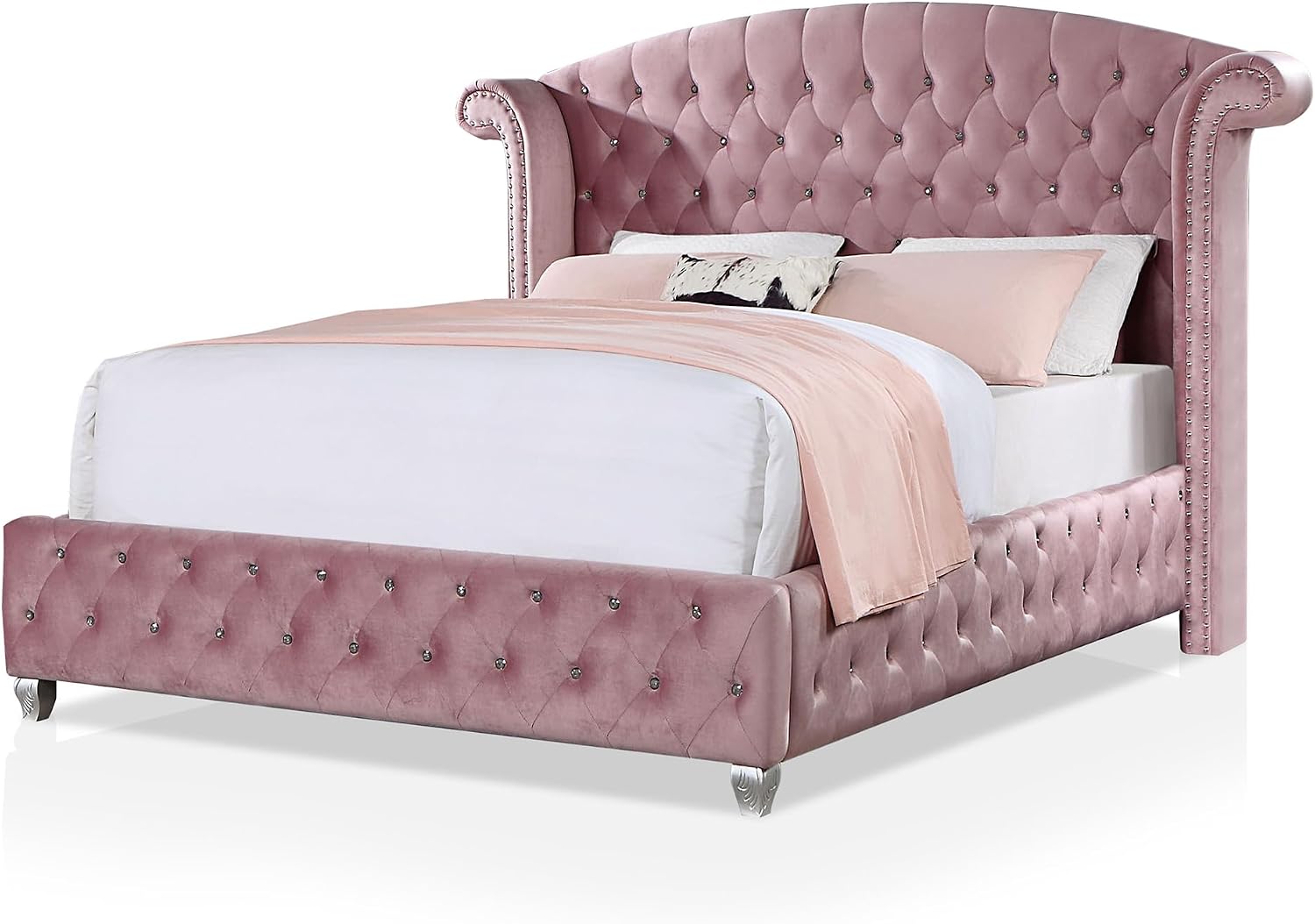 HOMES: Inside + Out Yekaterina Glam Fabric Tufted Upholstered 3-Piece Bedroom Set, Wingback Panel Twin-Size Bed and 2-Drawer Nightstand for Bedroom, Pink