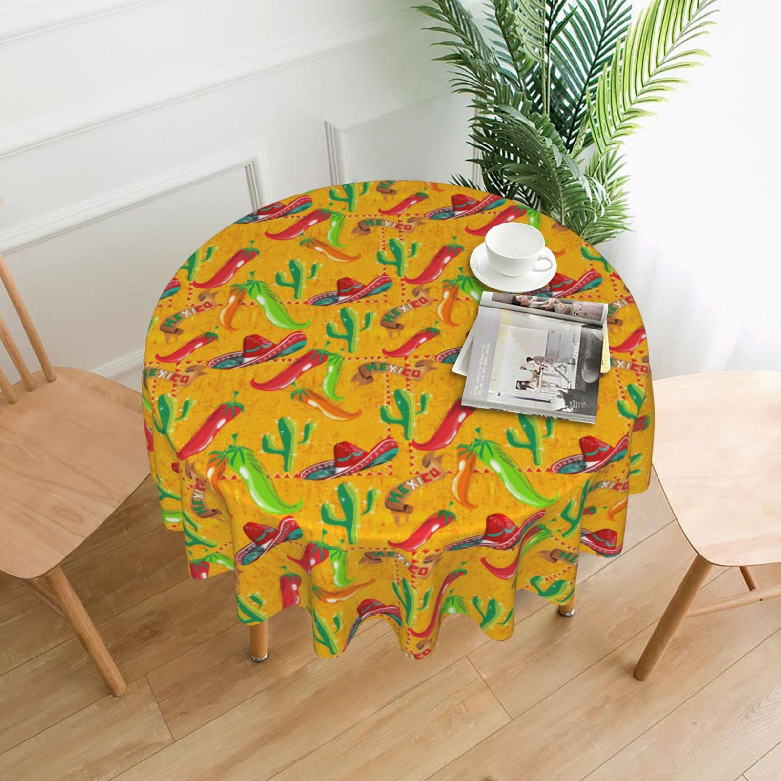 OKFSTY Cactus Hat and Chili Pepper Print Round Tablecloth 60in for Wedding Elegant Polyester Cover for Party Reception Festive Dinner