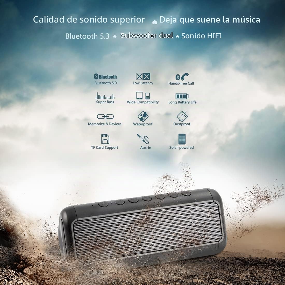 Altavoz Bluetooth Solar de 12 W, Altavoz inalámbrico portátil a Prueba de Agua IPX5 Capaz de Reproducir más de 50 Horas, batería incorporada de 5000 mAh, para Actividades en Interiores y Exteriores.