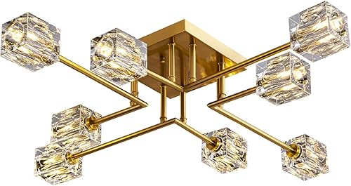 Miniatura 9 de Lámpara de techo moderna de cristal, lámpara de techo semiempotrada con 8 luces, candelabros Sputnik dorados para dormitorio, comedor, cocina de