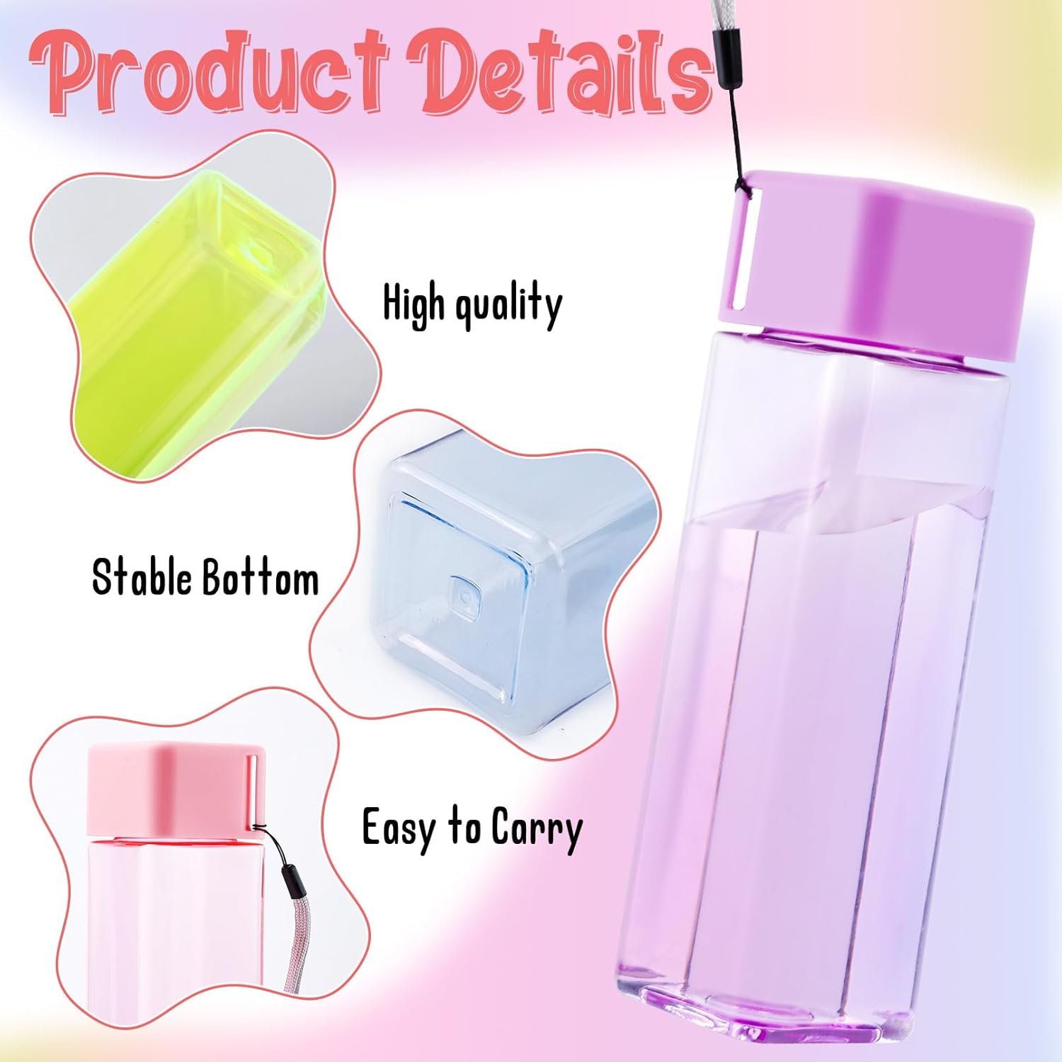 30PCS Water Bottles Bulk,17 oz Reusable Sports Water Bottle,Plastic Leak Proof Portable Drink Bottles,Square Drinking Bottle With Handle Strap for Outdoor Fitness Travel Camping,Multicolor