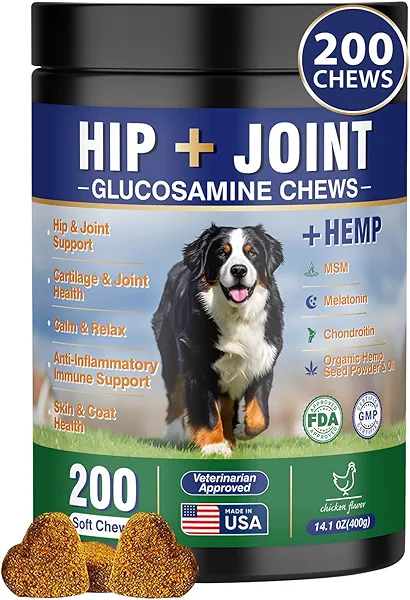 Hip and Joint Supplement for Dogs 200 Hemp Dog Calming Chews with Glucosamine, Chondroitin, Msm, Omega 3, Melatonin for Senior Dogs Anxiety, Dog Pain Relief Anti Inflammatory Small/Medium/Large Breed