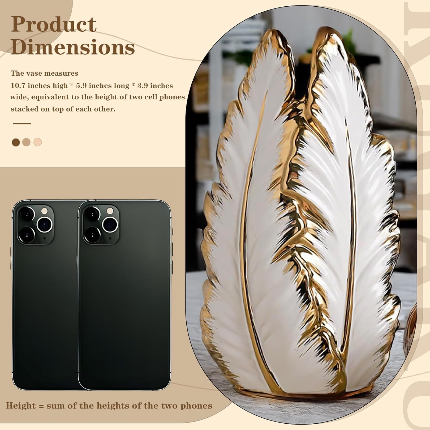 Nordic Light Luxury Gold Painted Ceramic high-end vases-Elegant Home Decor-Flower Vase/Contemporary Design - Wedding Table Accent - Boho Pottery (Color : White, Size : L)