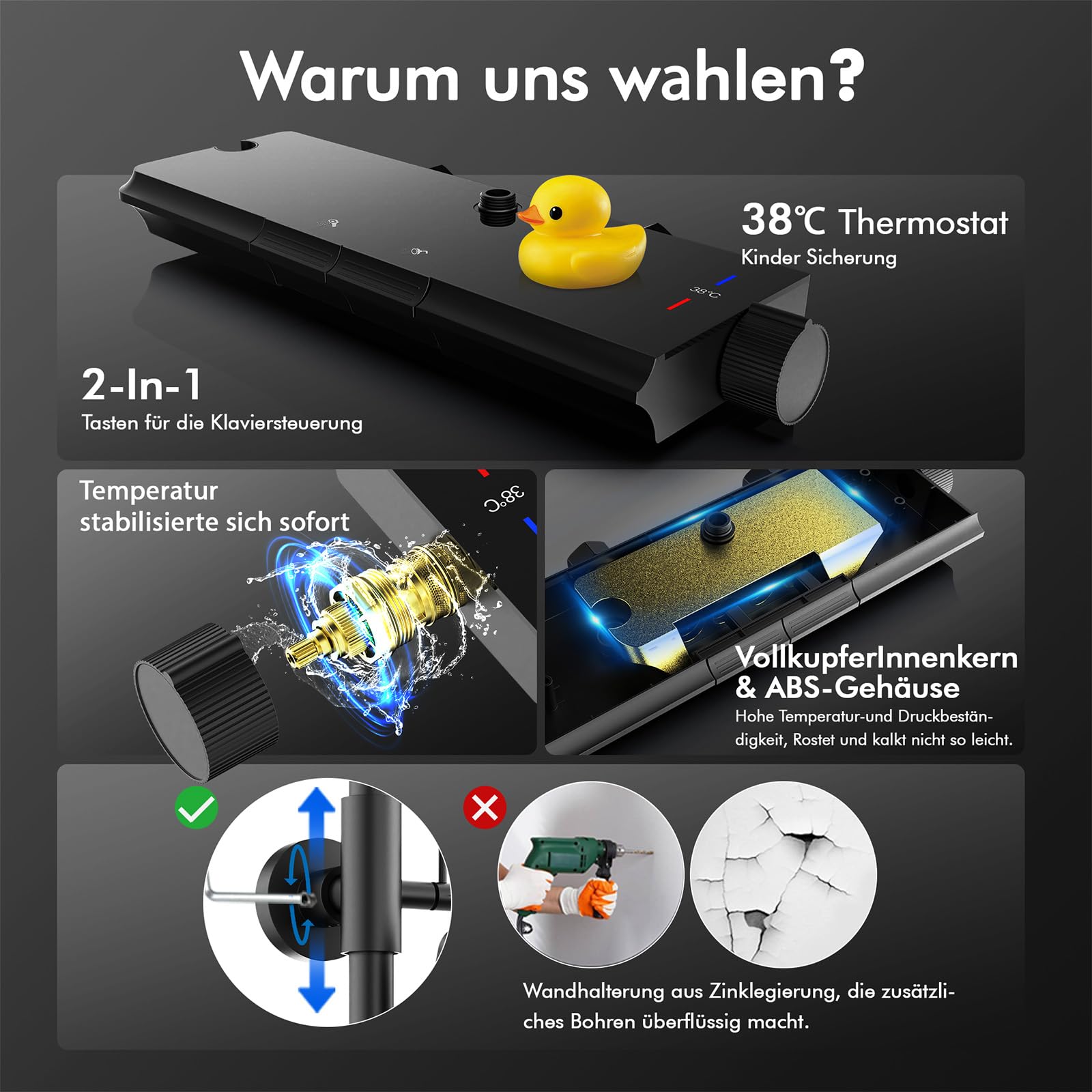 HOMELODY Duschsystem mit Thermostat und Glasablage Schwarz - 30x20cm Groß Kopfbrause Regendusche und 3 Strahlarten Handbrause, 2 Klavierknöpfen Duscharmatur Komplettset, Duschgarnitur mit Regendusche