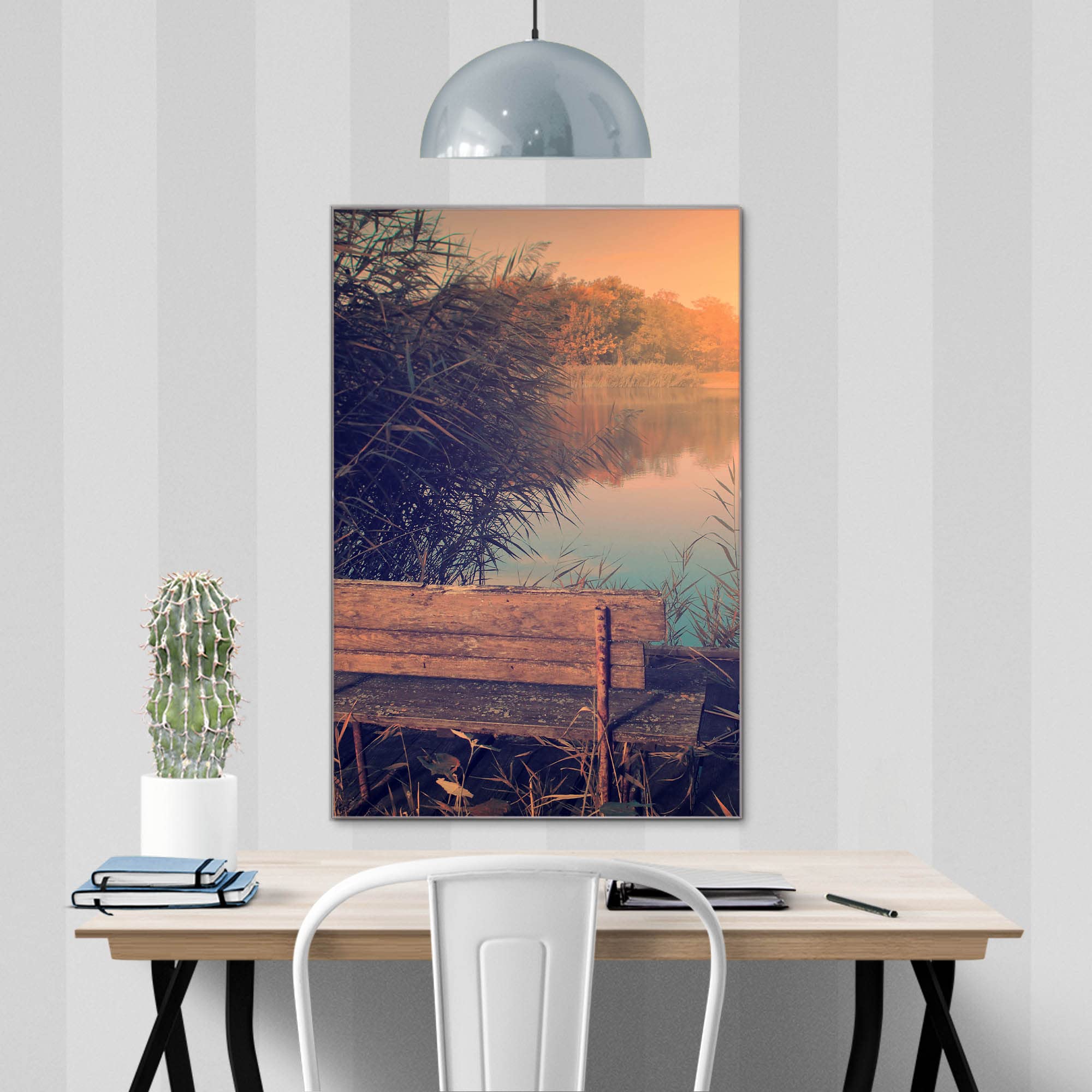 banjado Glas Magnetwand 60x90 mit Waldmotiv für Notizen, beschreibbar | Natürliches Magnetboard für Alltag und Planung, mit Motiv Bank Am See aus Wald und Natur