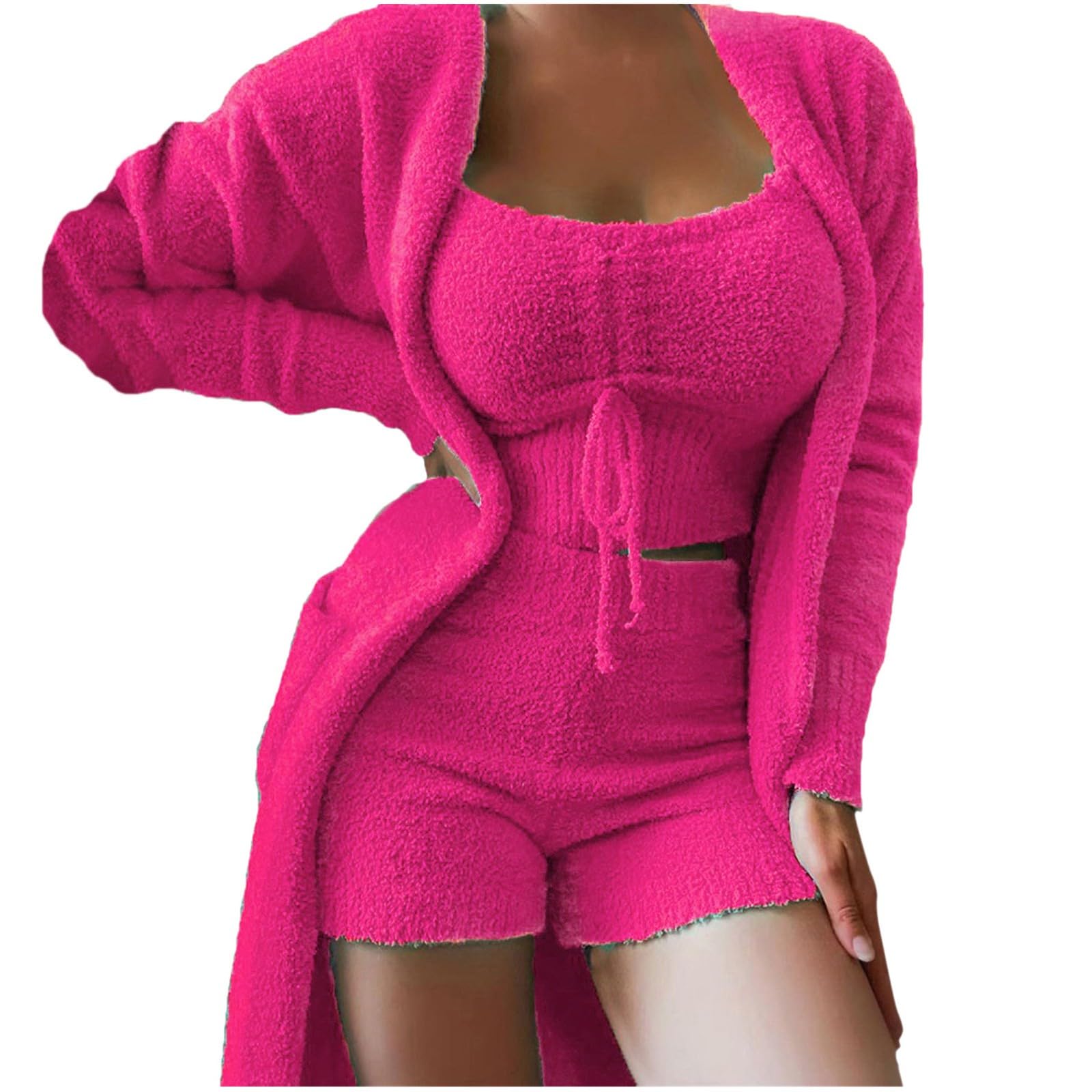 Pyjama pour femme en peluche chaude | Combinaison de maison pour femme 3 pièces Pyjama doux avec pyjama | Ensemble cami et short Ensemble de vêtements de nuit pour femme Manteau uni Ensembles de