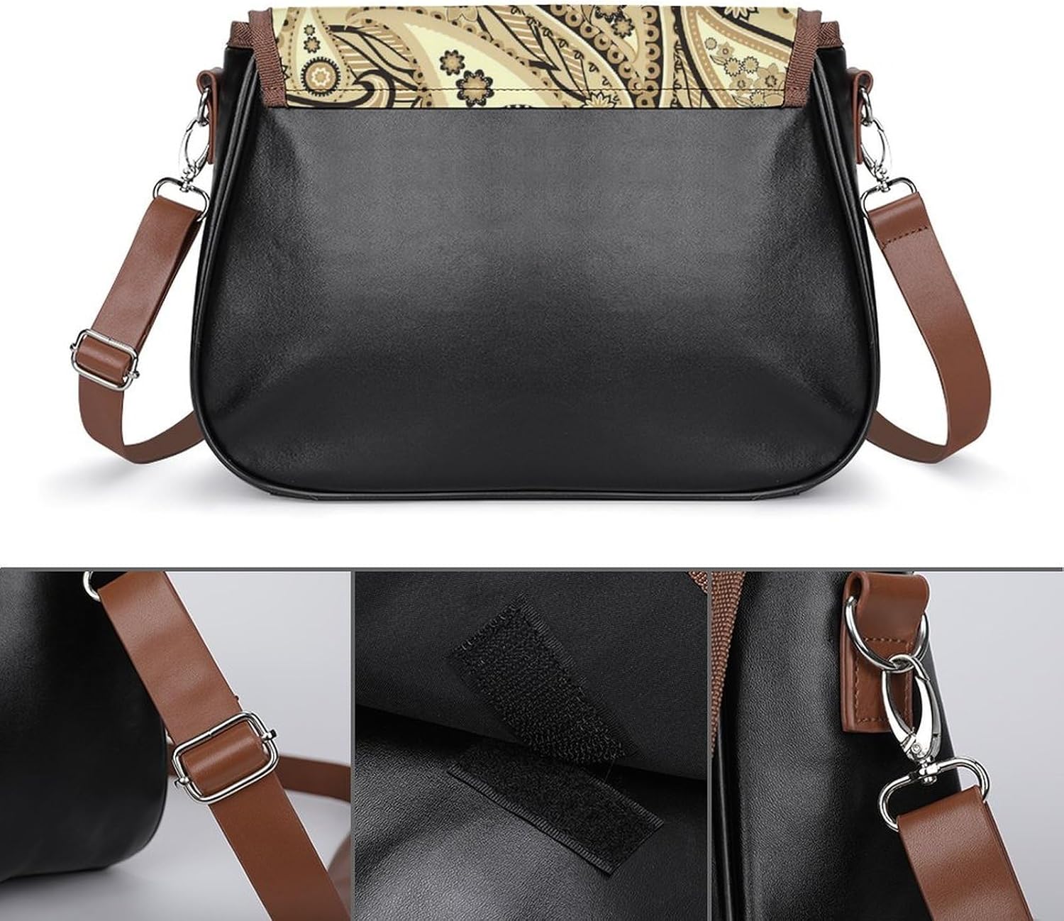 Charcoal Yellow PaisleyWomen's Faux Leather Crossbody Bag, Waterproof Wrinkle-Resistant Shoulder Bag with Detachable Strap, Large Capacity Casual Handbag, Fashion Daily Purse for Shopping Work Dating,