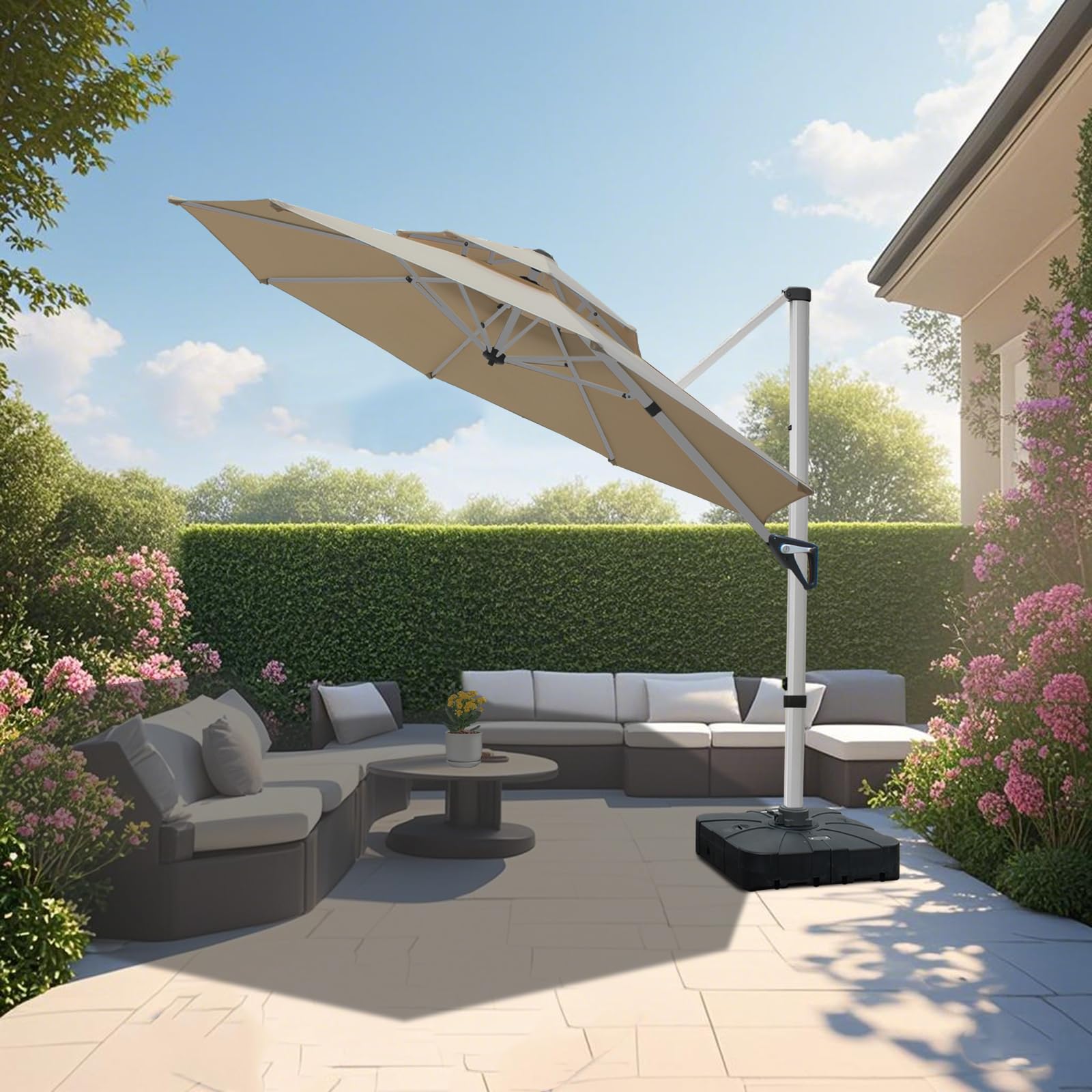 RANSENERS Ampelschirm 300 cm, Doppelter Baldachin, Drehbar 360°, Neigbar 0°-90°, Aluminium Rahmen, Extra-Dicker Gewebe, UV50+, für Garten, Terrasse, Cafe im Freien (Rot)