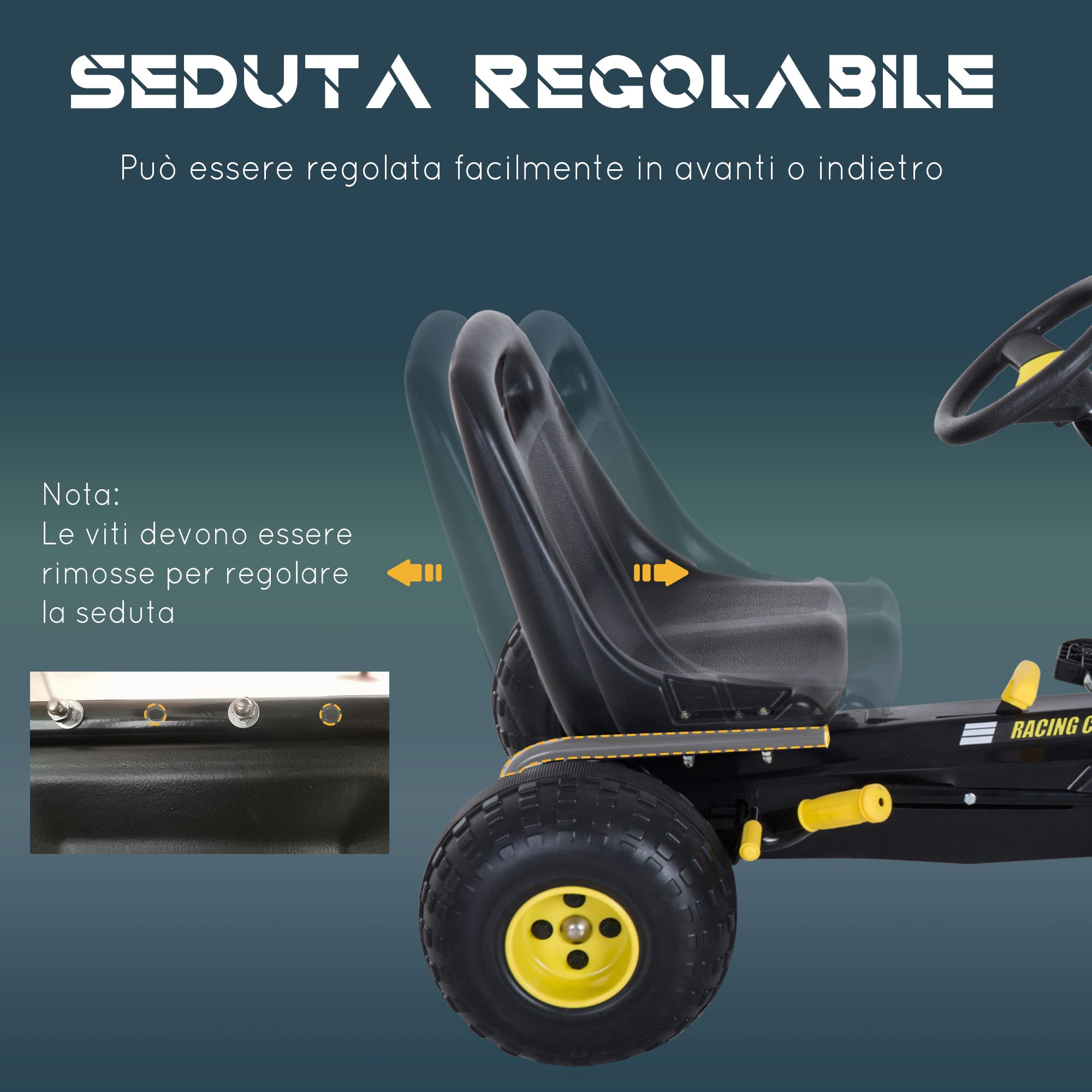 HOMCOM Go-Kart a Pedali per Bambini con Sedile Regolabile, Freno e Frizione, 95x66.5x57cm, Bianco Nero