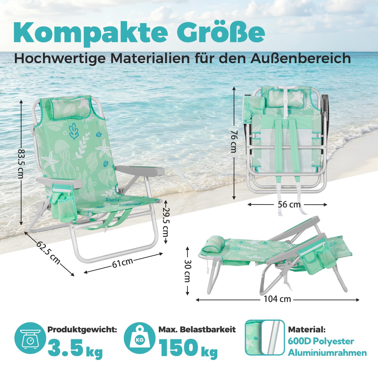 Homecall Join Nature Chaise de plage pliante légère avec dossier réglable à 5 niveaux - Pliable jusqu'à 150 kg - Pour la plage, l'extérieur (basse, océan menthe, 1 pièce)