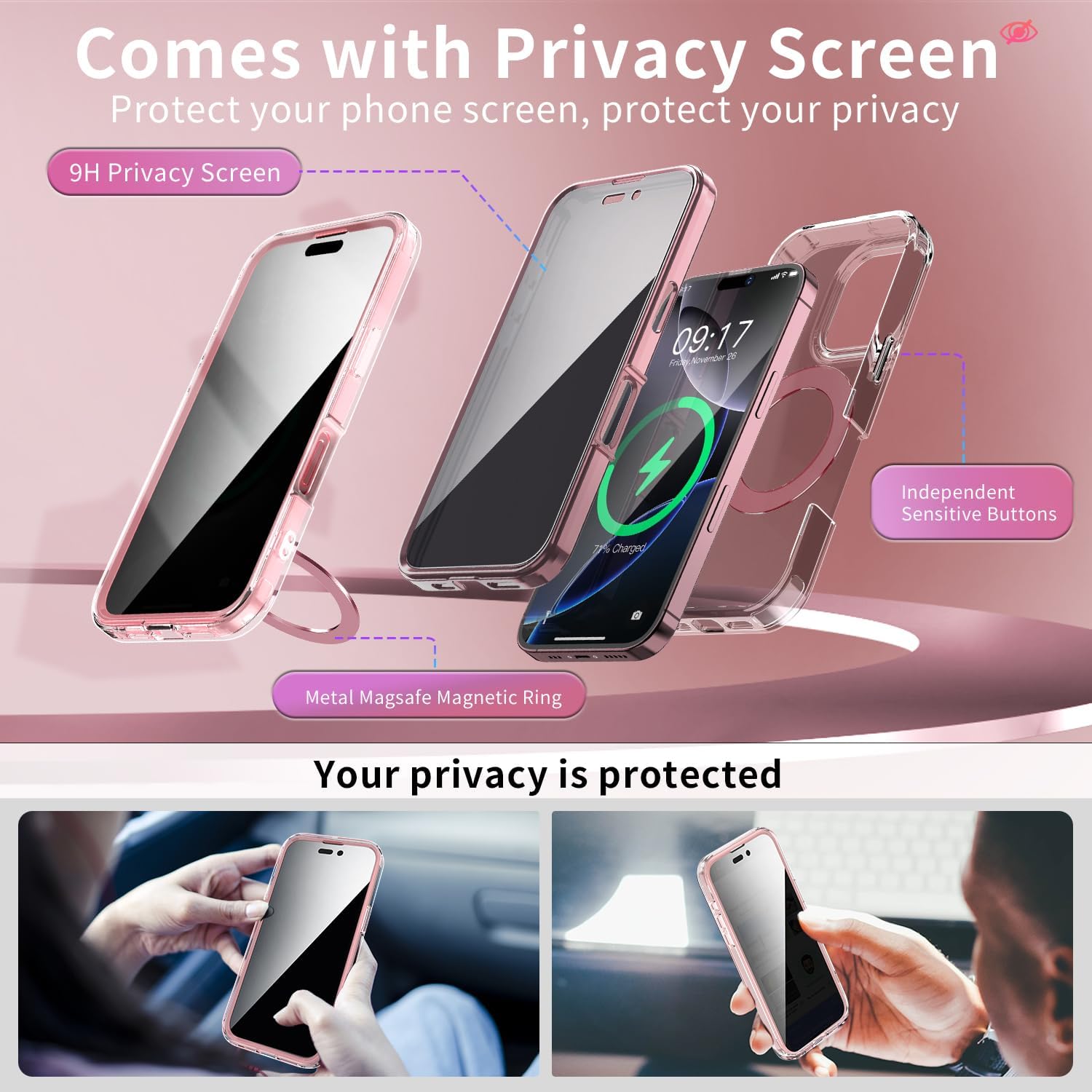 Privacy Case for iPhone 16 Pro with 360°Stand [Built-in Anti Peeping Screen Protector] [Compatible with MagSafe] [Magnetic Ring ] Full Body Protective Phone Cover 6.3", Pink - Image 4