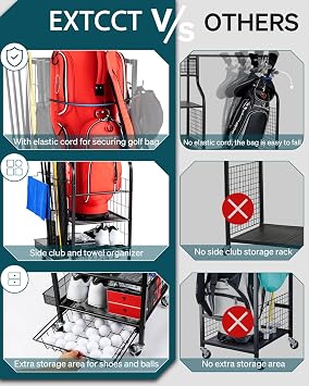 EXTCCT Golf Bag Storage Organizer- Golf Bag Stand Fit for Golf Bags and Golf Clubs, Golf Balls, Golf Equipment Accessories, Extra Large Golf Bag Storage Rack for Garage