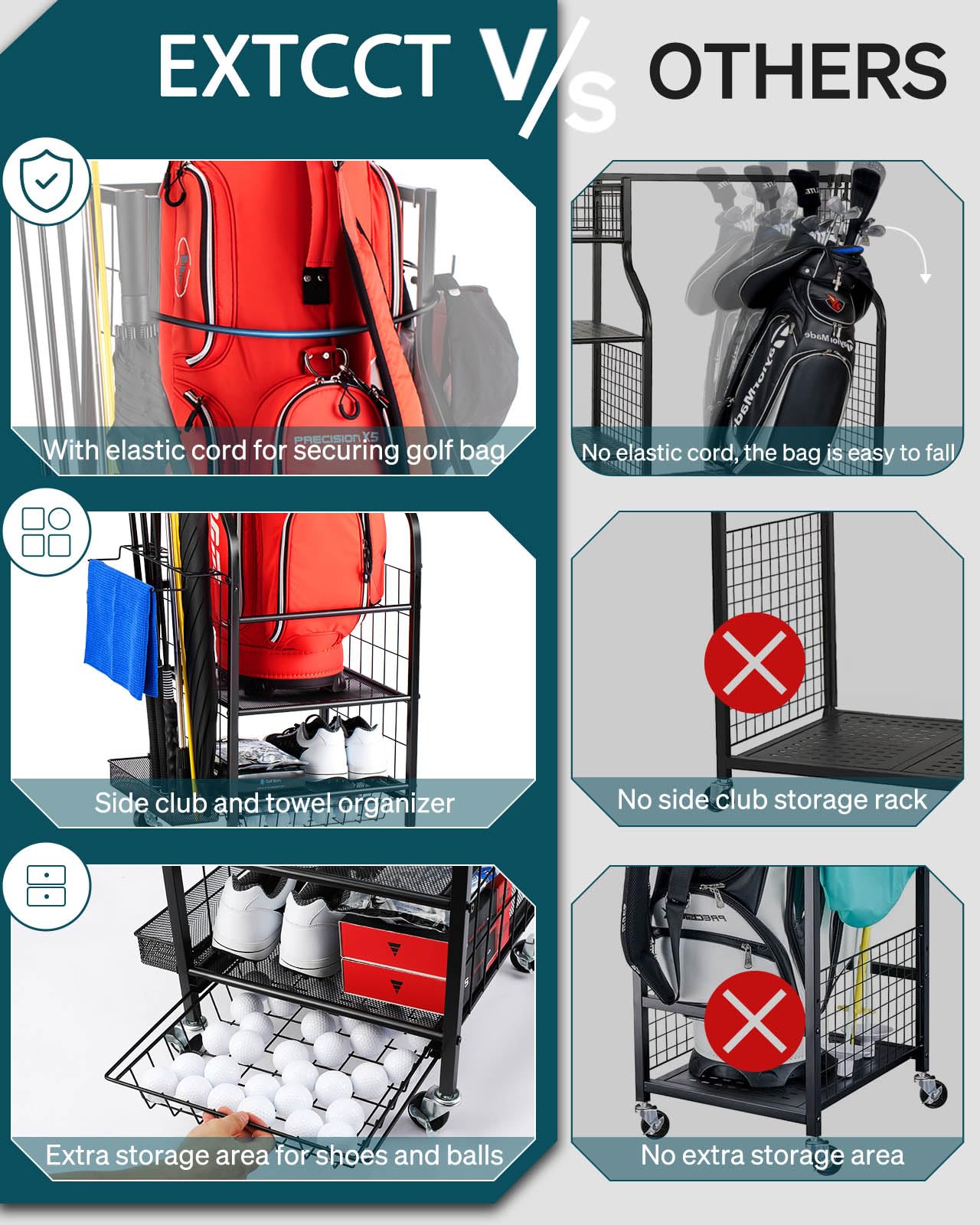 EXTCCT Organizer per sacche da golf, supporto per sacche da golf e mazze da golf, palline da golf, accessori per attrezzature da golf, rack extra large per garage