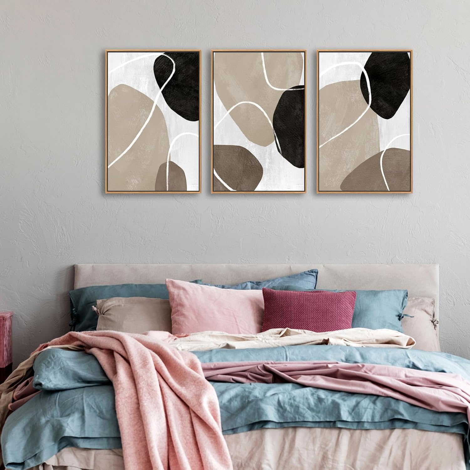 Minimalist Abstract Boho Wall Art - Natural Framed Abstract Canvas Picture Stone Painting Rock Line Artwork Modern Geometric Canvas Prints for Home Wall Decor 24 x 36 * 3 Tan Brown Grey Black
