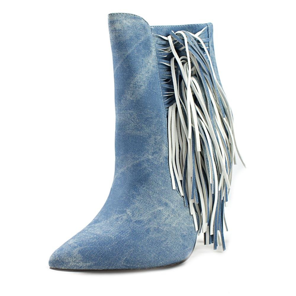 LuichinyGoing Fast Pointed Toe High Stiletto Distressed Denim Fringe Ankle Boot