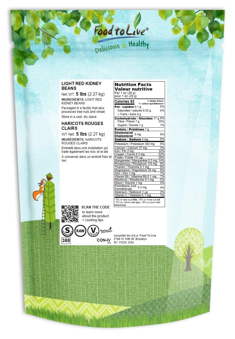 Food to Live Light Red Kidney Beans, 5 Pounds – Whole Dried Beans, Raw, Sproutable, Vegan, Bulk. Rich in Fiber, Potassium, Plant-Based Protein. Perfect for Chili, Soups, Casseroles. Made in USA
