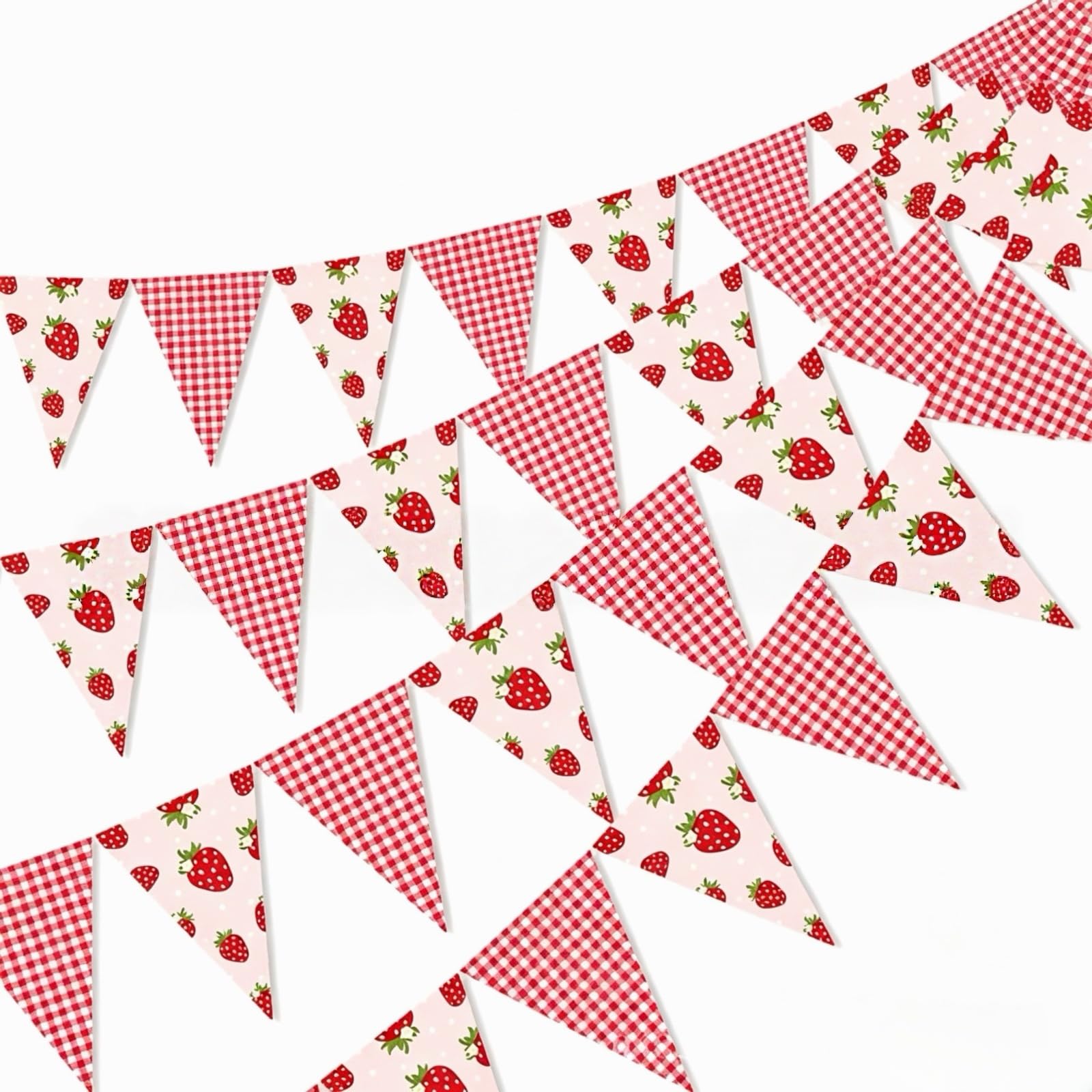 Pink Bunting Party Decorations,12Pcs Red and White Checked & Strawberry Print Paper Triangle Flag Bunting Banner for Birthday Wedding Baby Bridal Shower Garden Indoor Outdoor Decorations