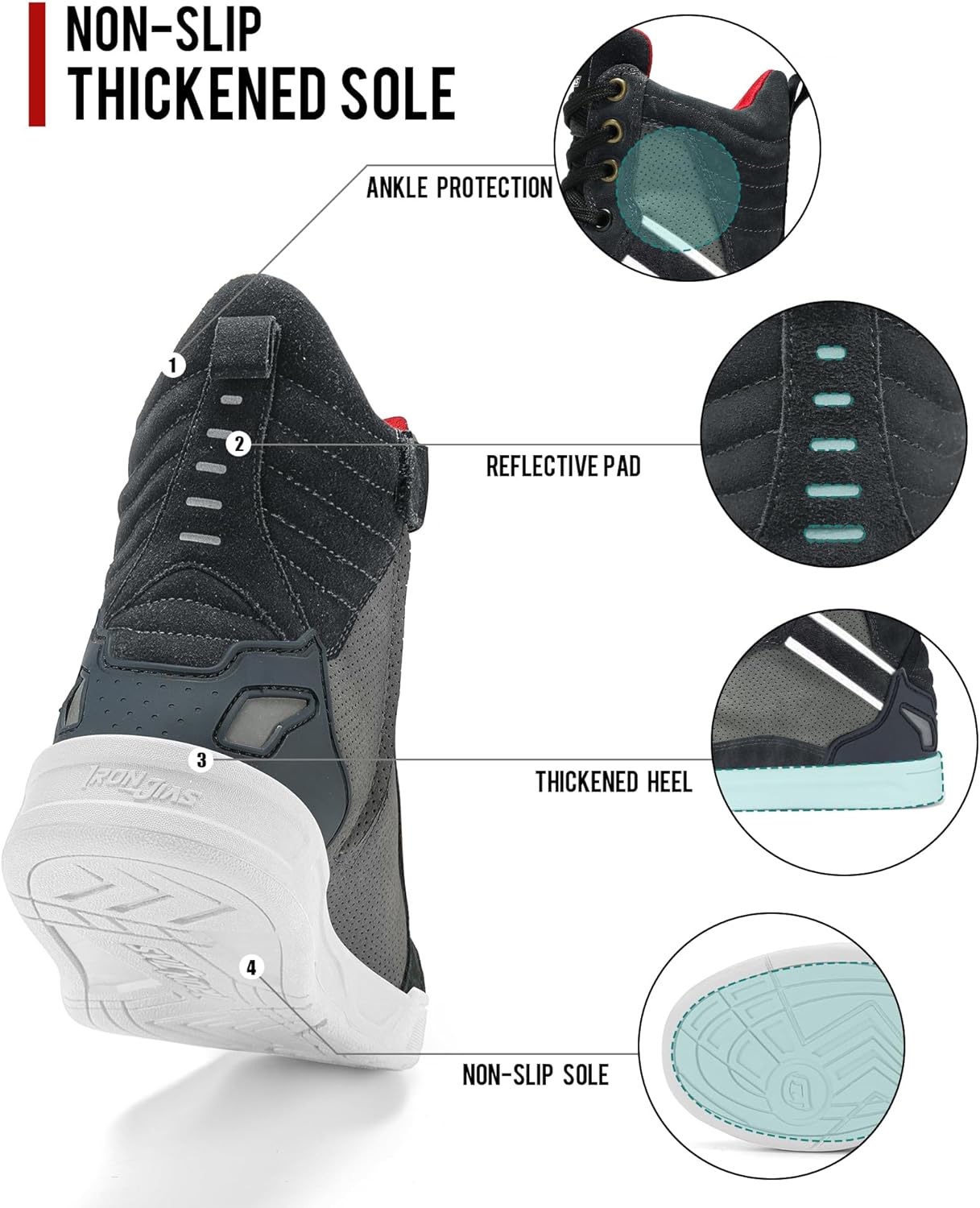 BORLENI Motorcycle Boots Street Riding Shoes Anti-Slip Outdoor Trekking Hike Work Shoes for Men, Grey 10 - Image 4