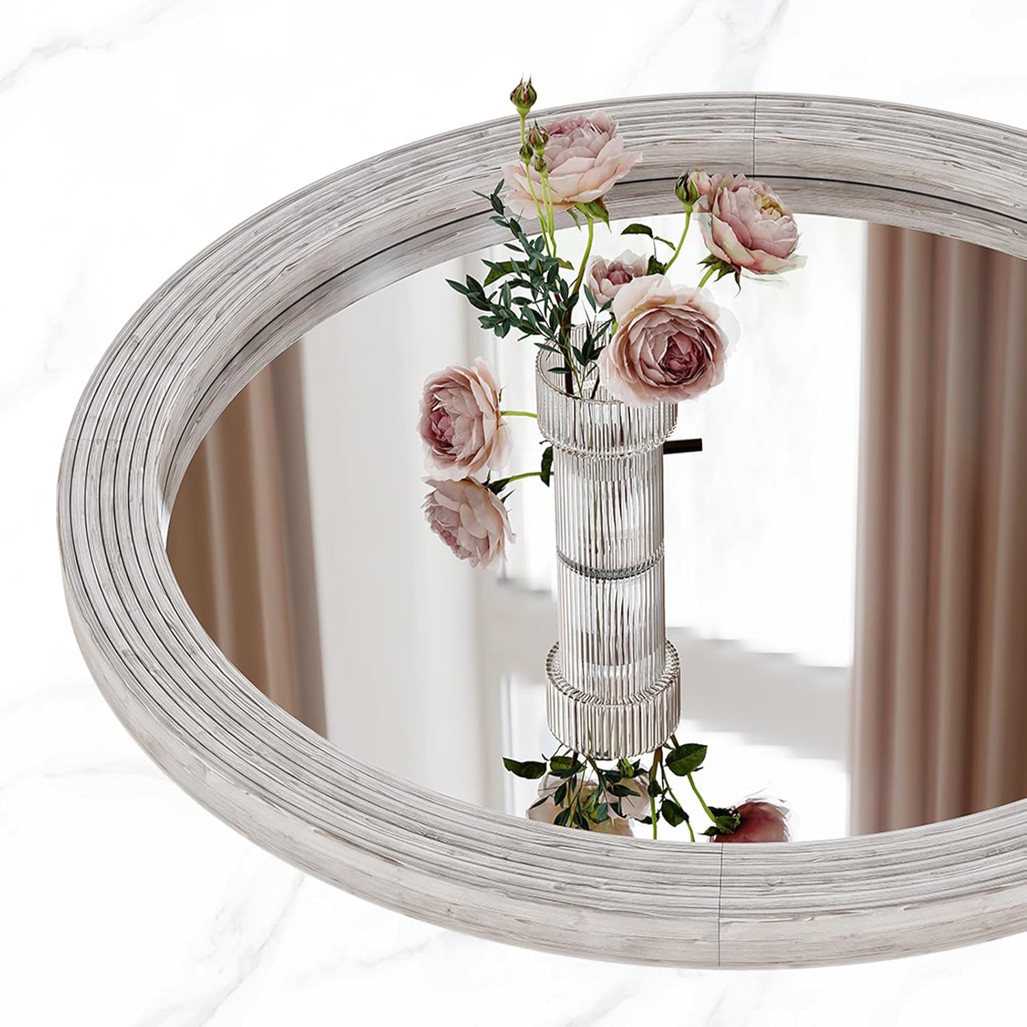 ULIKE Round Rustic Mirror for Bathroom, Farmhouse Mirror with Wood Frame, 30x30 Inch White Vanity Mirrors for Wall Decor of Bedroom or Living Room